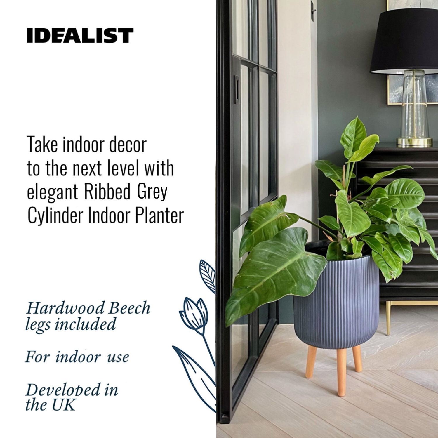 IDEALIST Lite Ribbed Cylinder Planter on Legs, Round Pot Plant Stand Indoor
