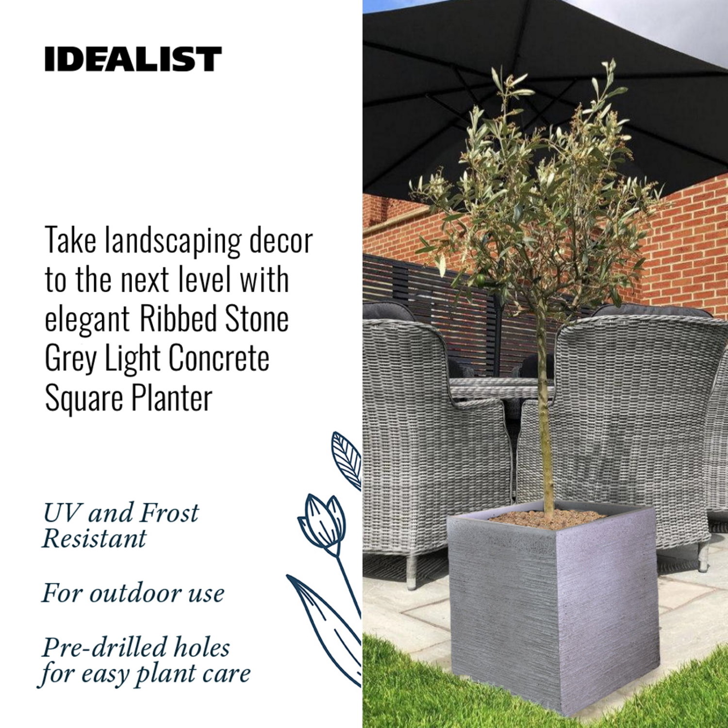 IDEALIST Lite Ribbed Light Concrete Square Planter