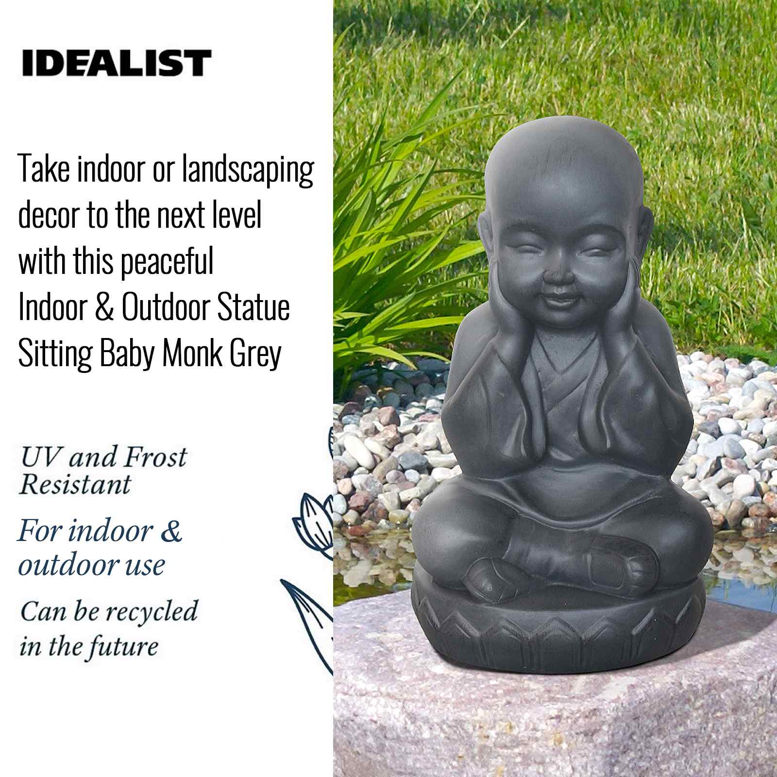IDEALIST Lite Sitting Baby Monk Grey Indoor and Outdoor Statue L20 W17 H35 cm