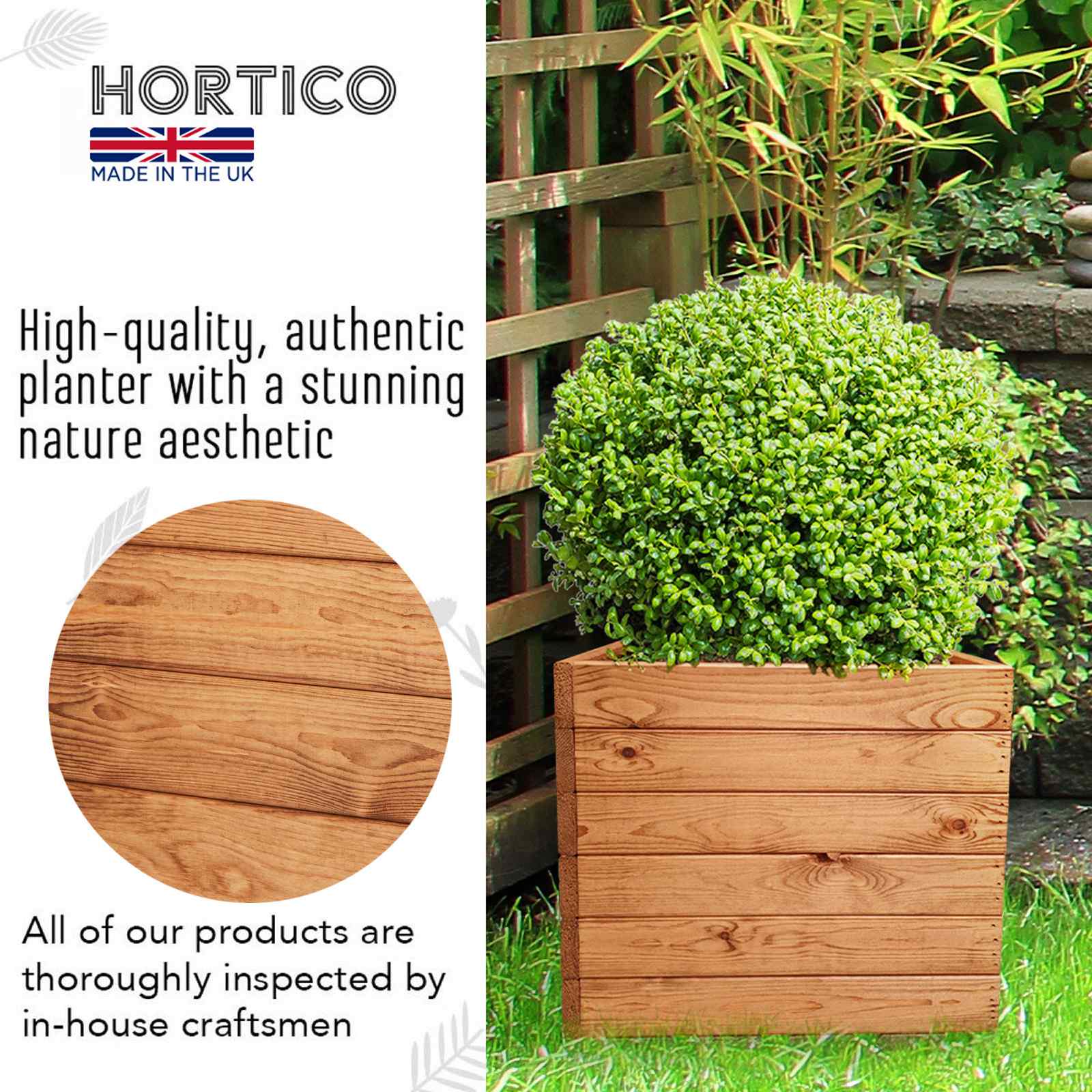 Rustic Scandinavian Redwood Square Outdoor Open Planter Made in UK by HORTICO