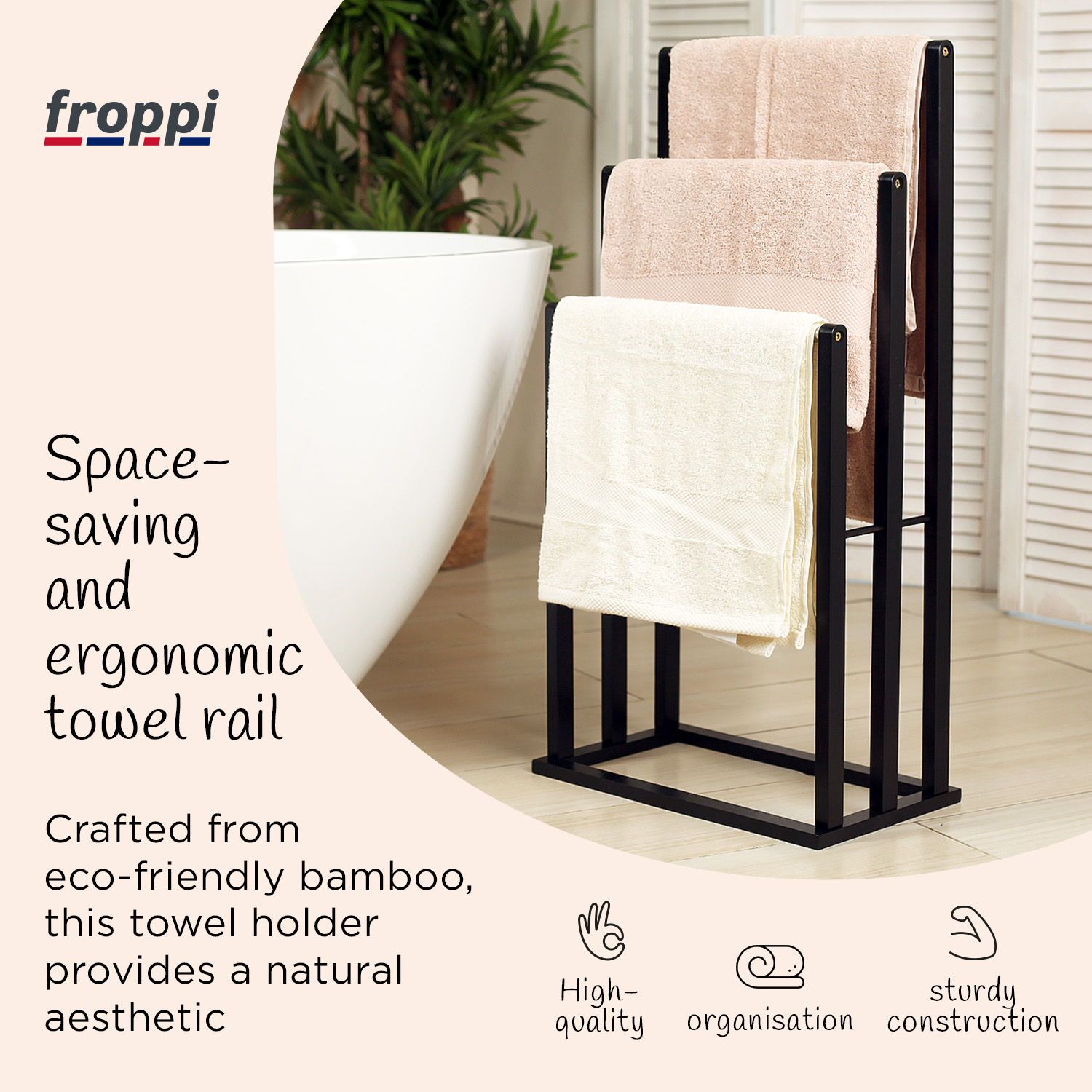 Froppi Bamboo Free Standing Towel Rack, Wooden Towel Holder and Ladder with 3 Bars