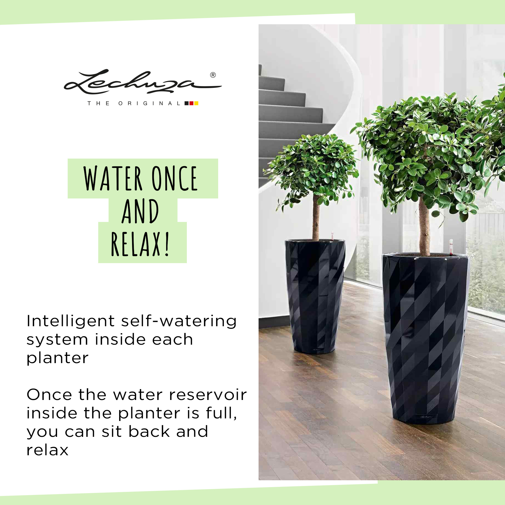 LECHUZA DIAMANTE Premium Glossy Round Tall Poly Resin Self-watering Planter