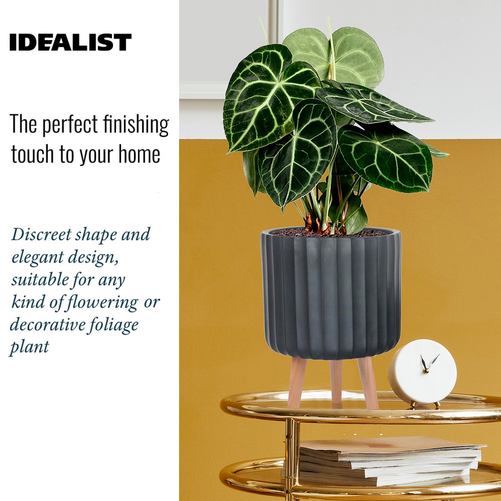 IDEALIST Lite Modern Ribbed Cylinder Planter on Legs, Round Pot Plant Stand Indoor