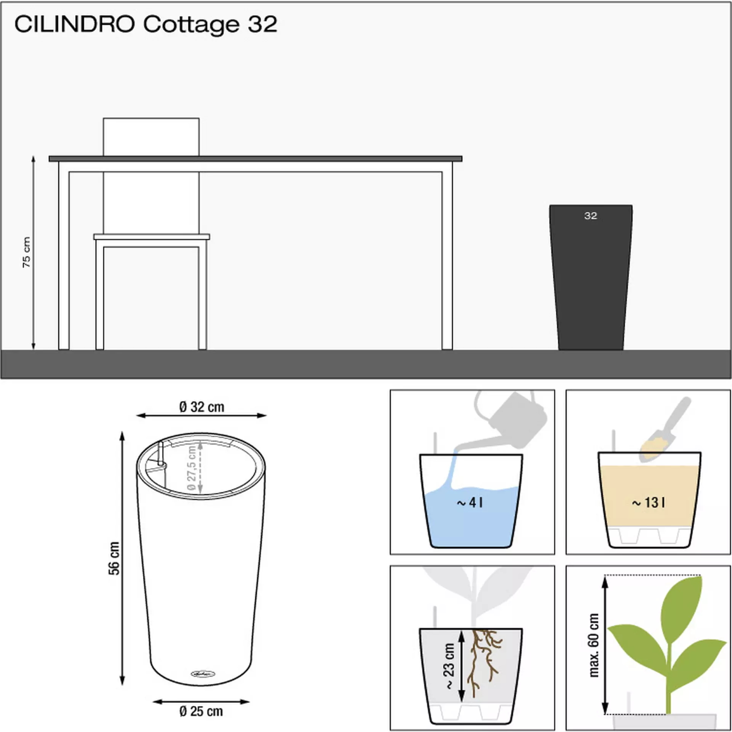 LECHUZA CILINDRO Cottage Round Tall Poly Resin Self-watering Planter