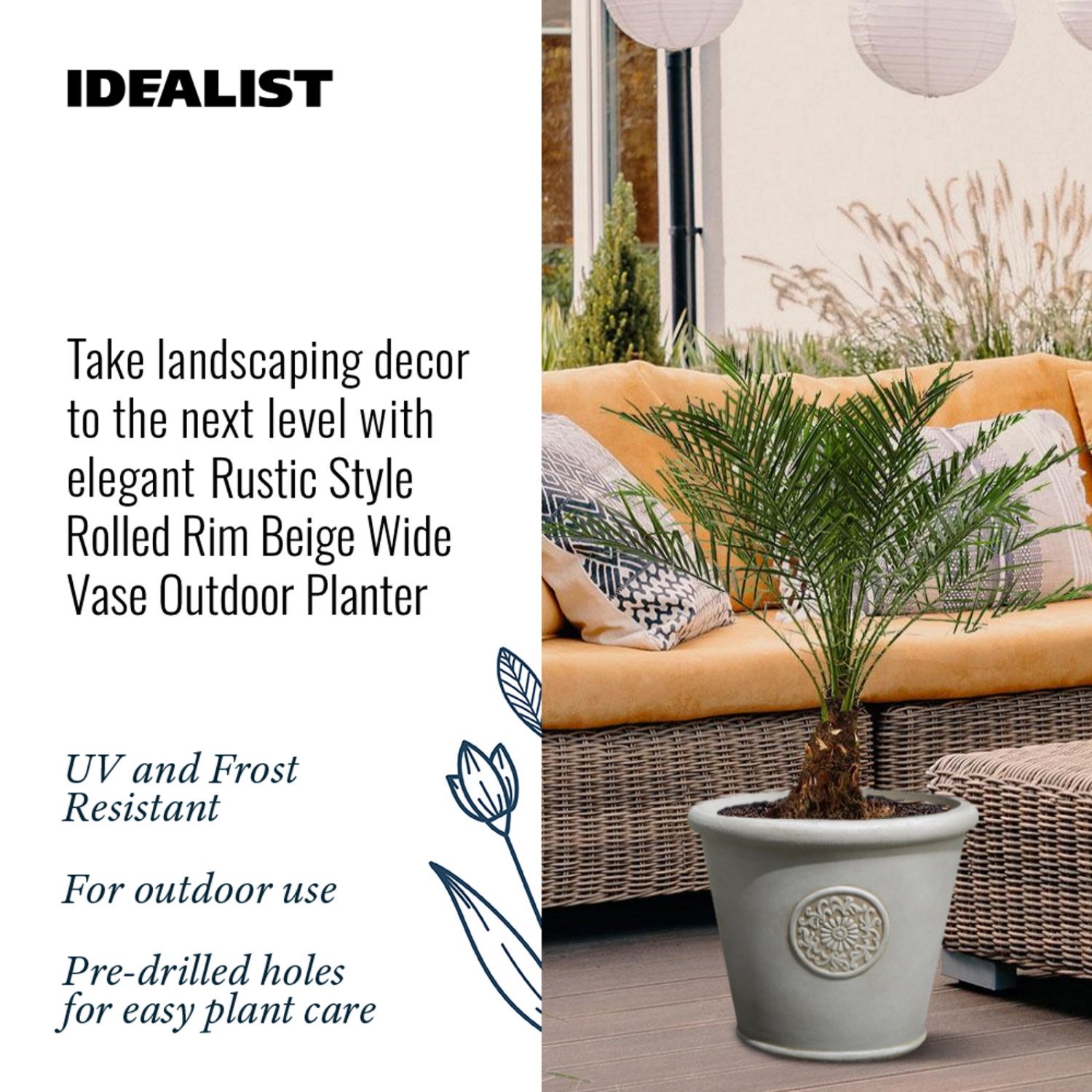 IDEALIST Lite Rustic Style Rolled Rim Wide Vase Outdoor Planter
