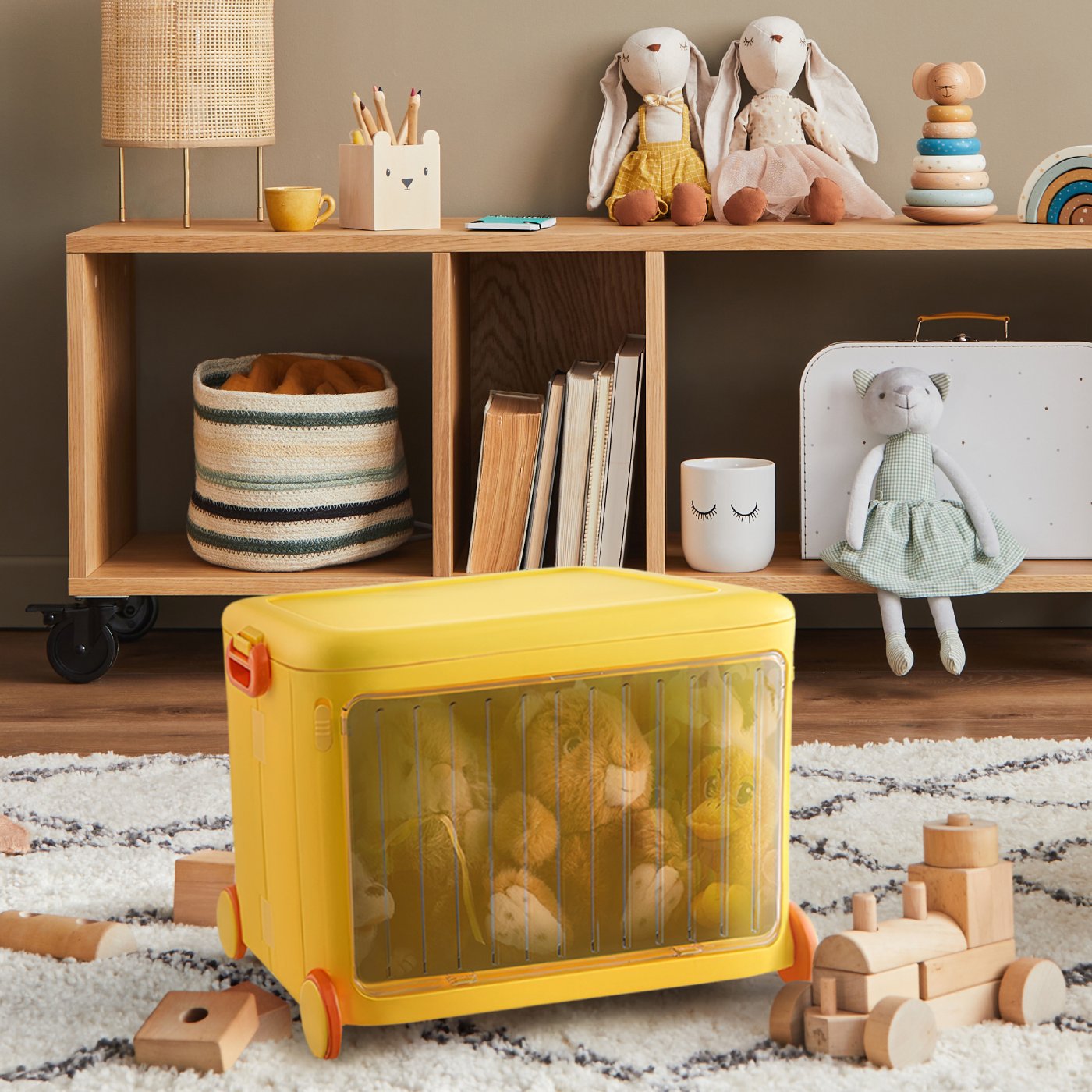 Froppi Stackable Plastic Kids Toy Storage Box with Lid, Transparent Door and Wheels