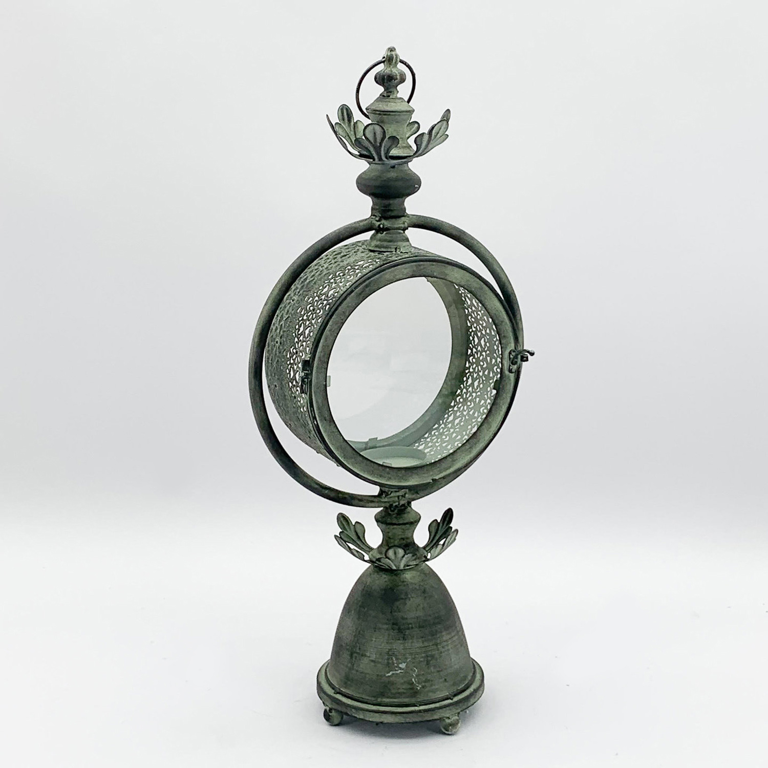 Round Metal Garden Dark Silver Lantern with Conical Foot by Minster