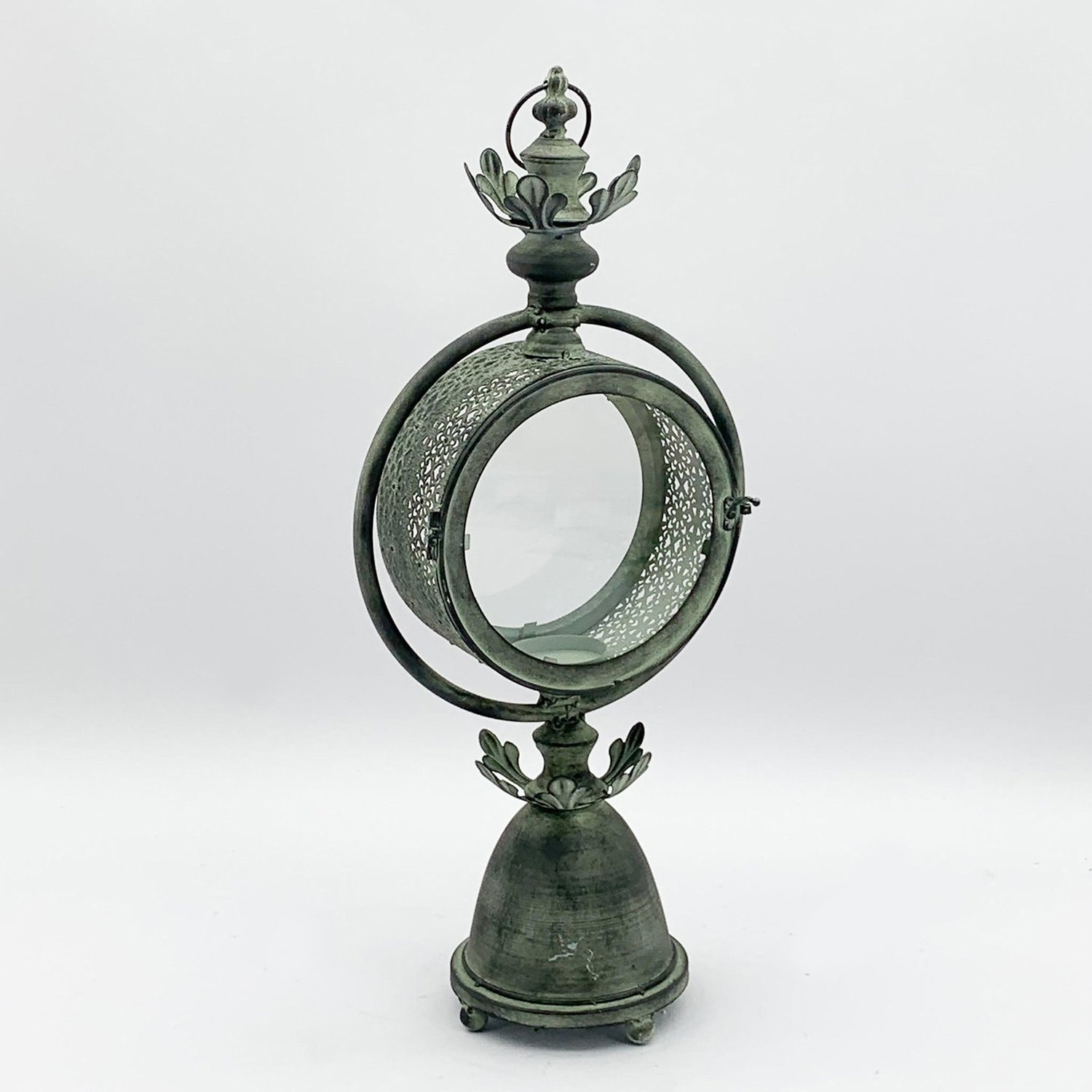 Round Metal Garden Dark Silver Lantern with Conical Foot by Minster