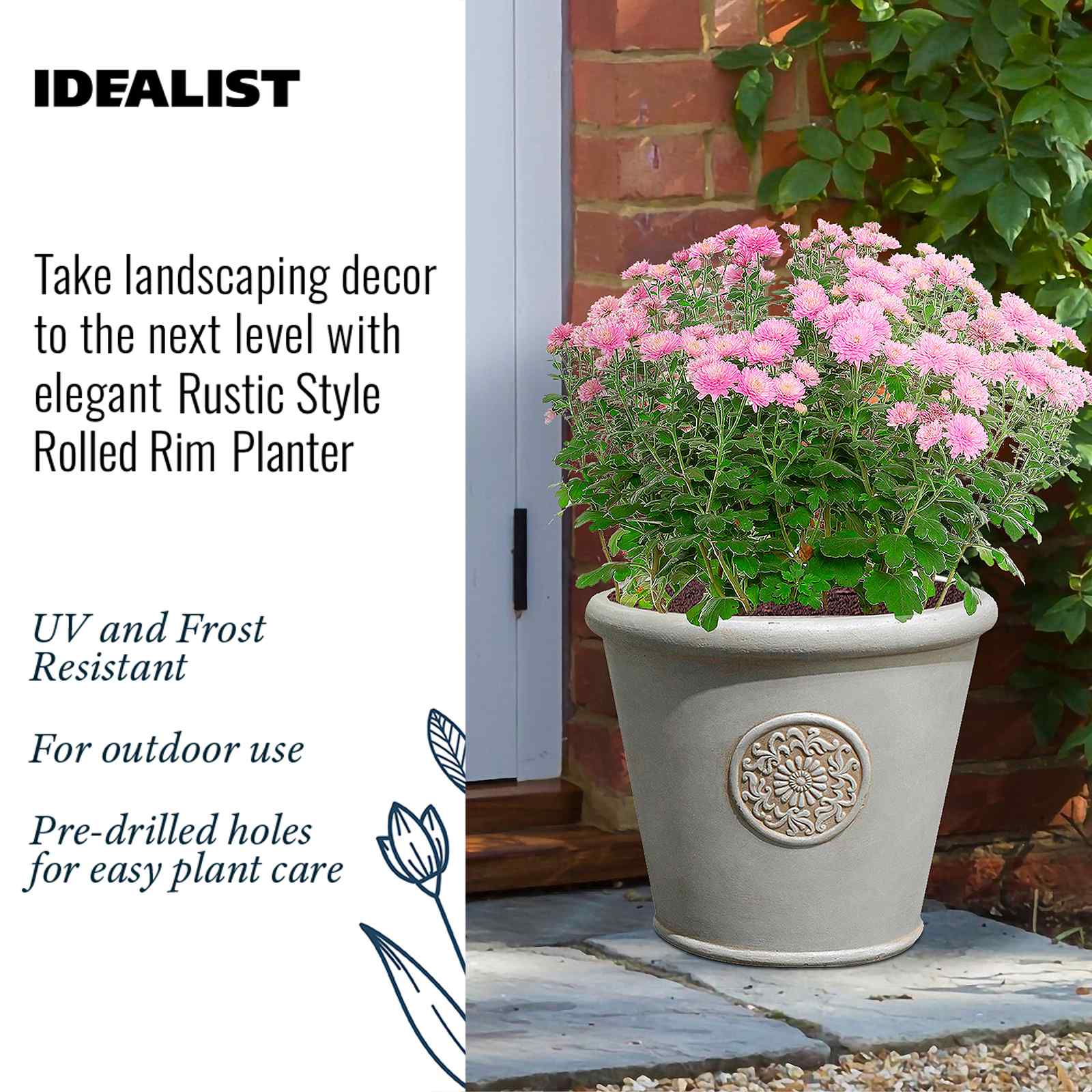 IDEALIST Lite Rustic Style Rolled Rim Wide Vase Outdoor Planter