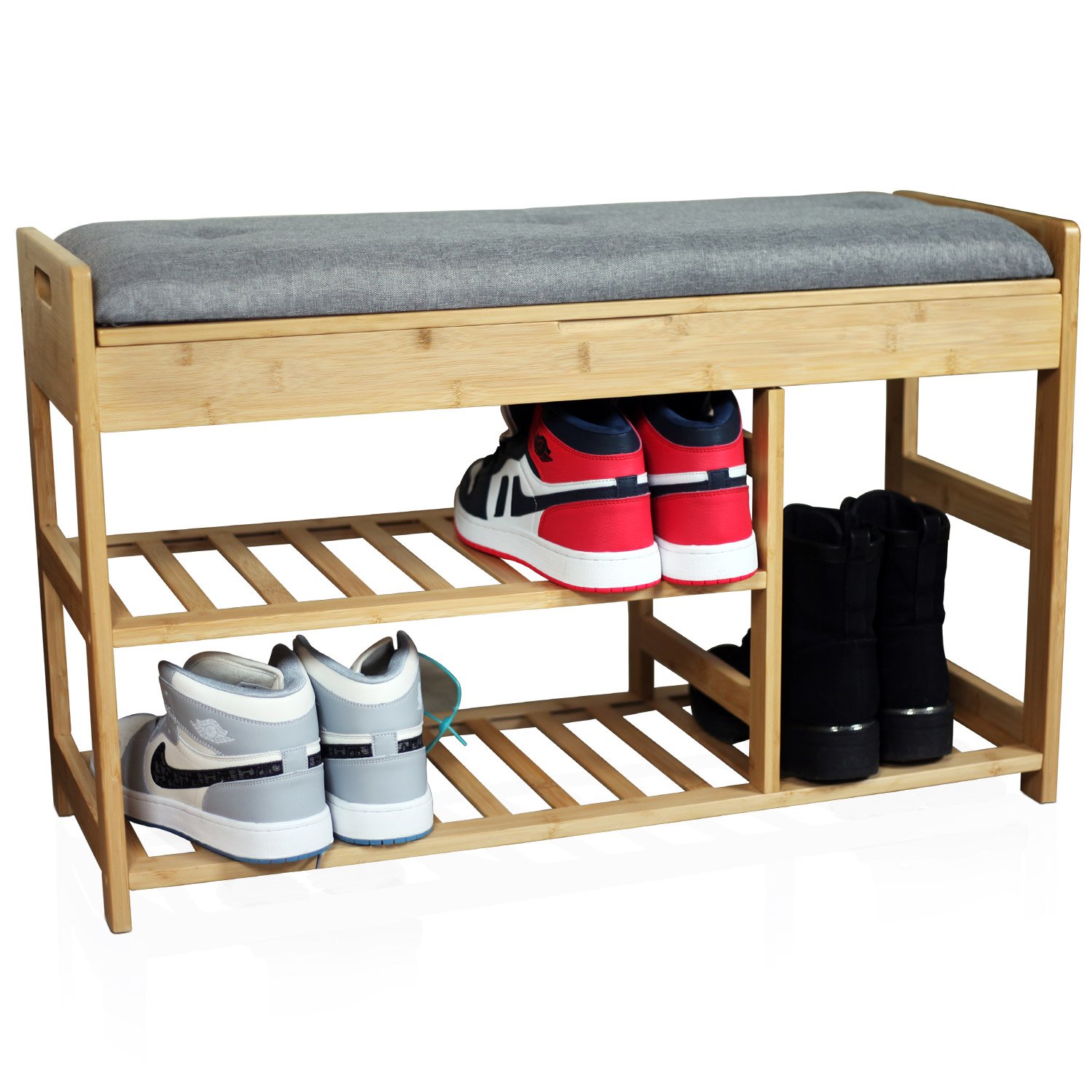 Froppi Bamboo Shoe Storage Bench 2-Tier Wooden Shoe Shelf and Rack with Seat and Storage Box