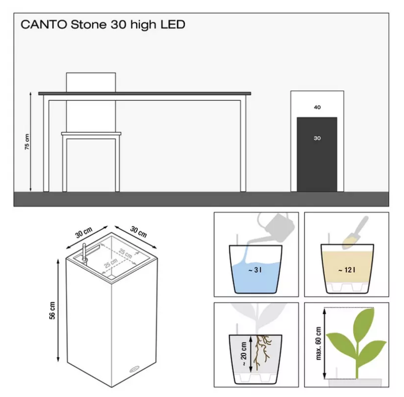 LECHUZA CANTO Stone High LED Square Tall Poly Resin Self-watering Planter