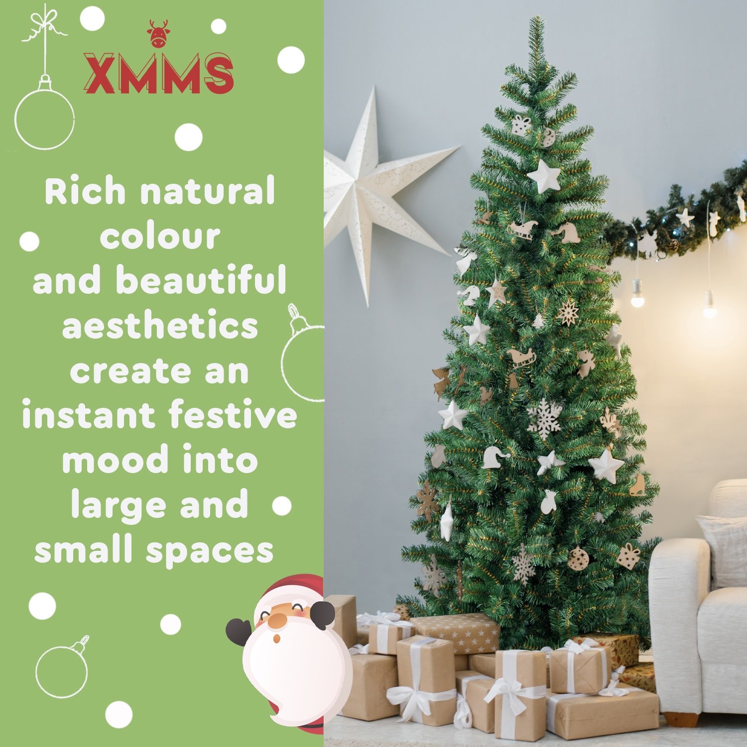 XMMS Edinburgh Artificial Slim Christmas Tree with Tree Skirt & Cotton Gloves Pine Green Needles