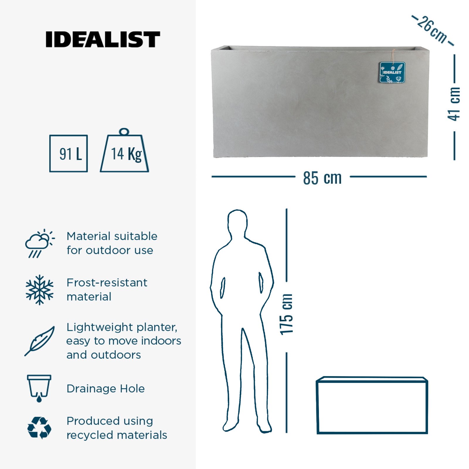 IDEALIST Lite Contemporary Light Concrete High Trough Planter