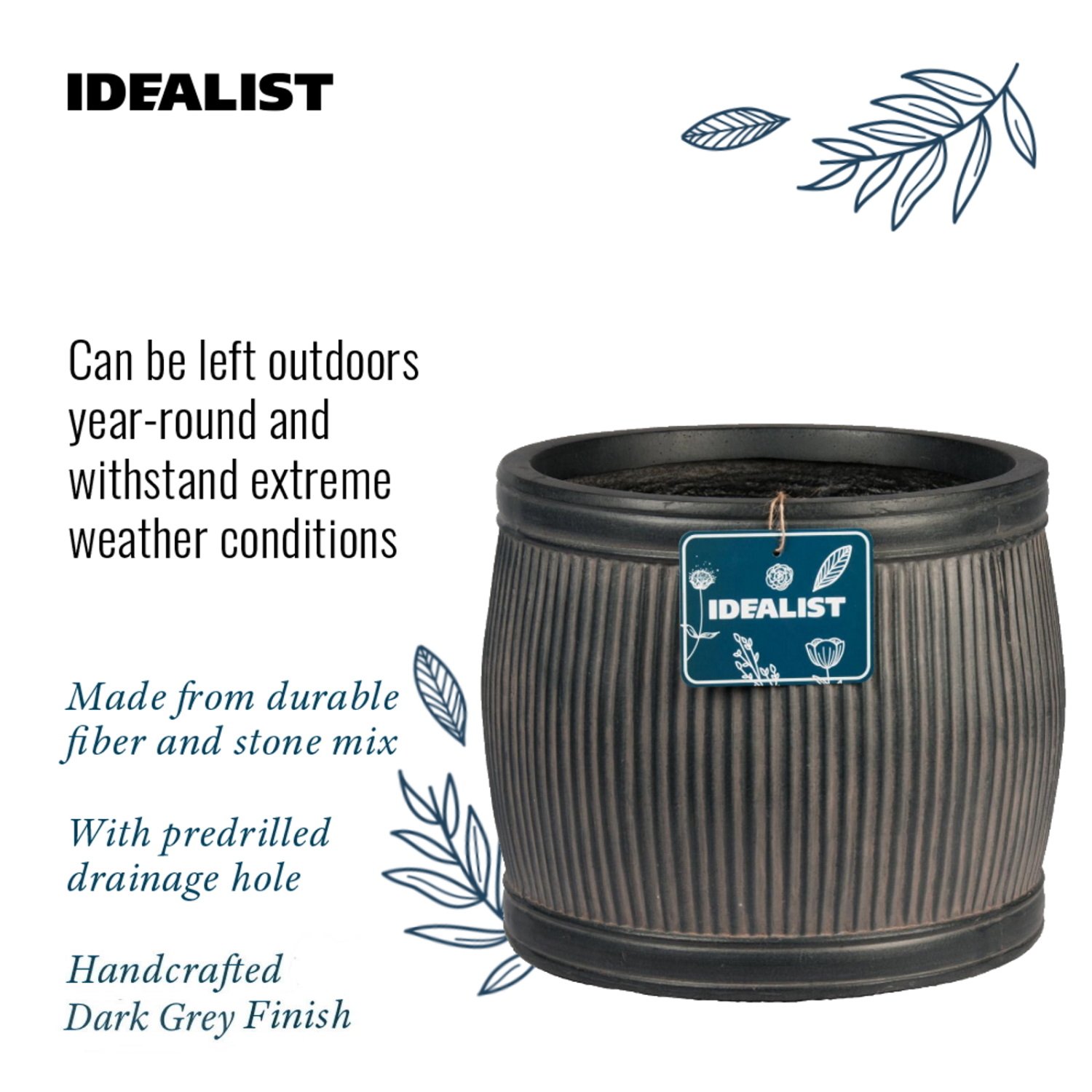 IDEALIST Lite Vertical Ribbed Vintage Style Barrel Round Planter