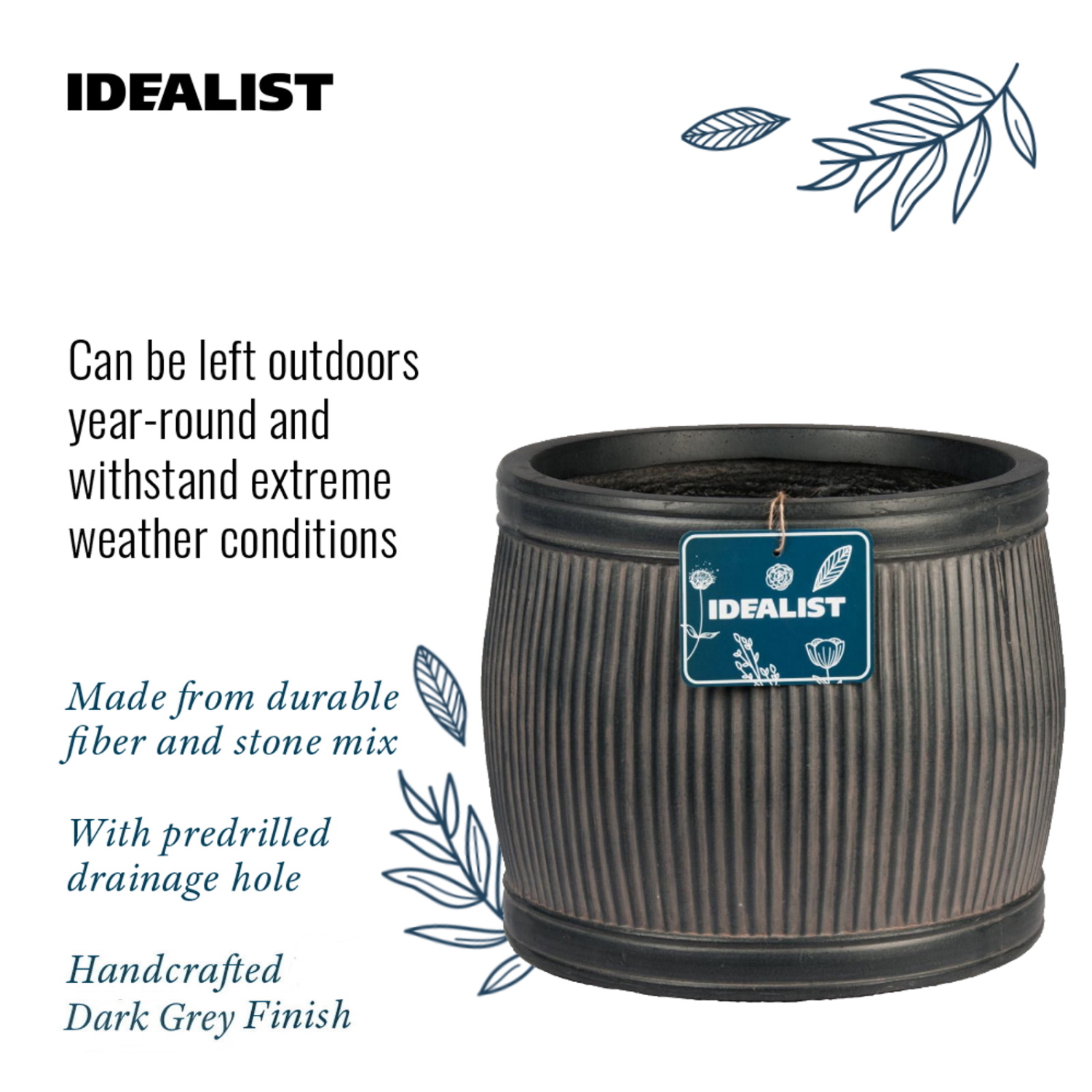 IDEALIST Lite Vertical Ribbed Vintage Style Barrel Round Planter