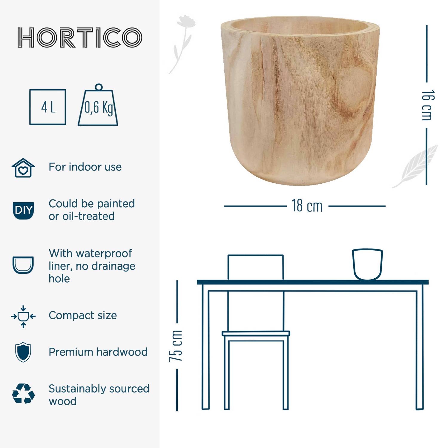 HORTICO CRAFT Wooden House Planter Round Indoor Plant Pot for House Plants with Waterproof Liner