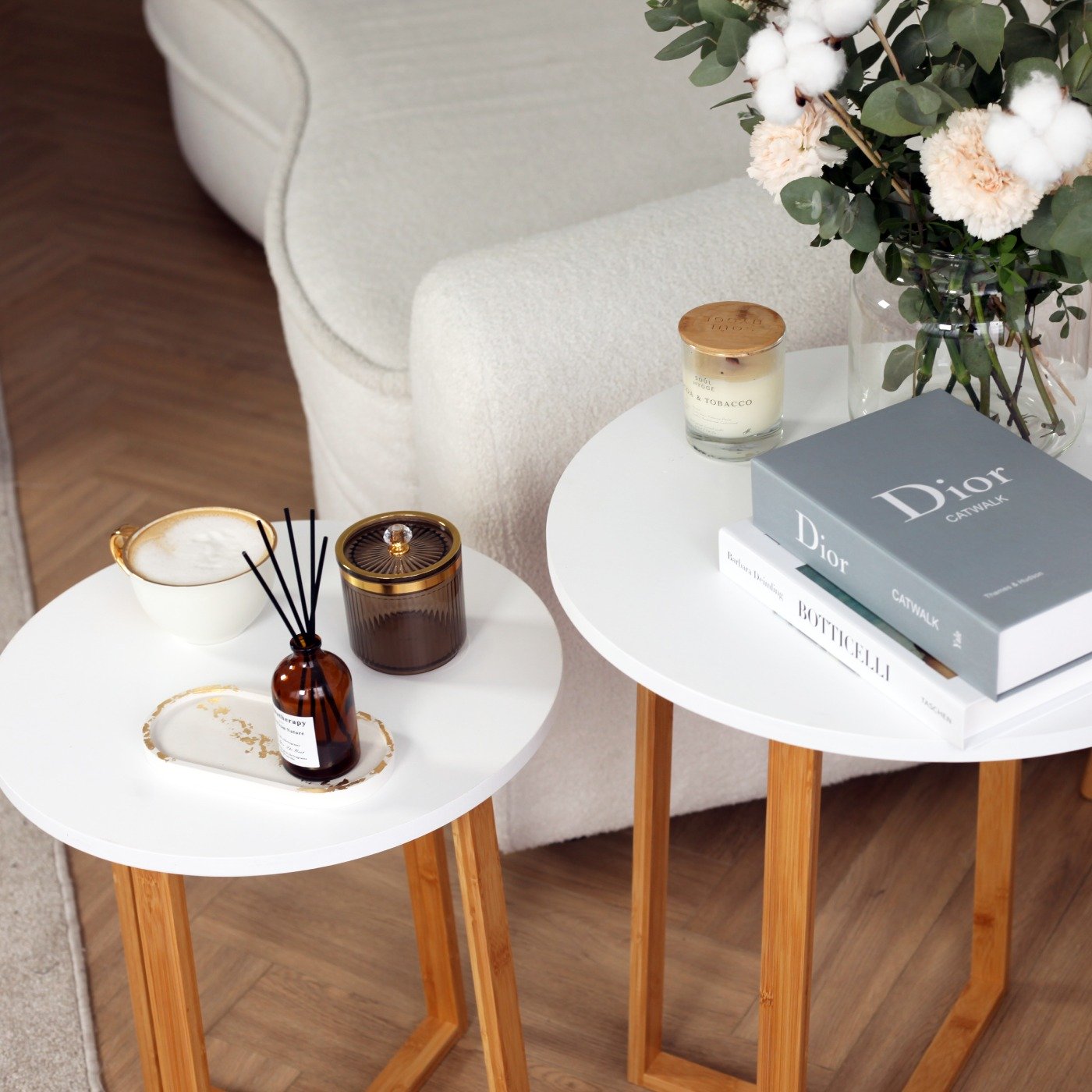 Froppi Small Round Coffee Table for Living Room White Wood Cocktail Table on Natural Bamboo Frame