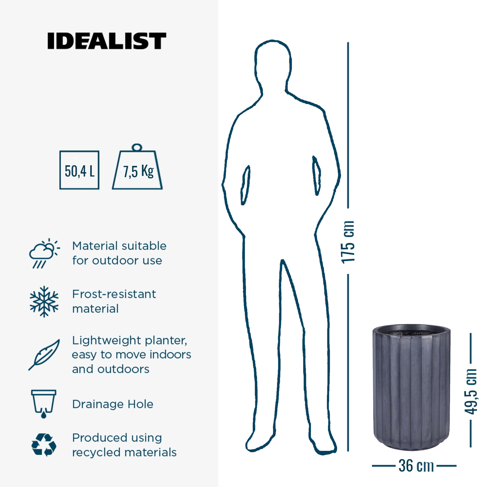 IDEALIST Lite Modern Ribbed Cylinder Round Outdoor Planter