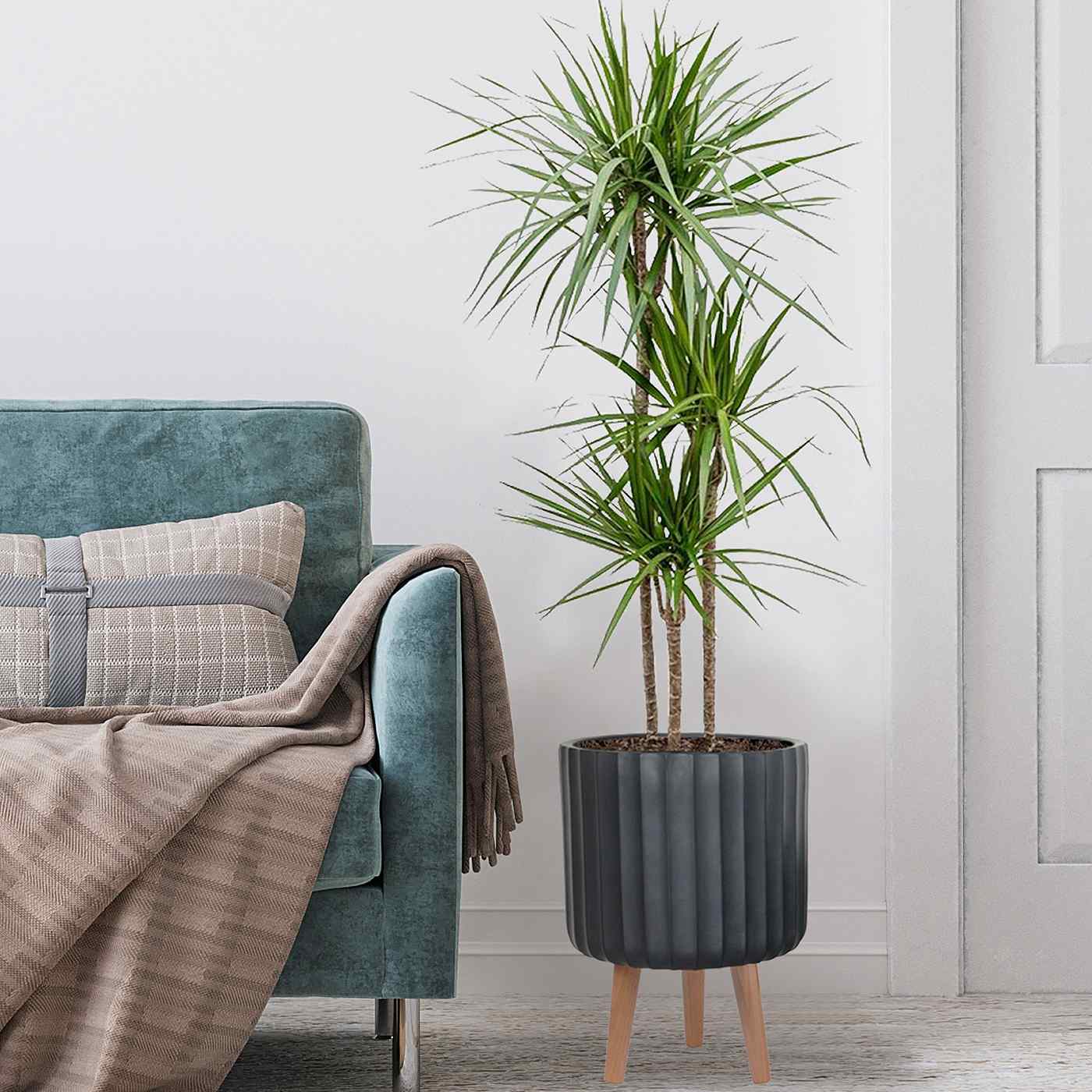 IDEALIST Lite Modern Ribbed Cylinder Planter on Legs, Round Pot Plant Stand Indoor