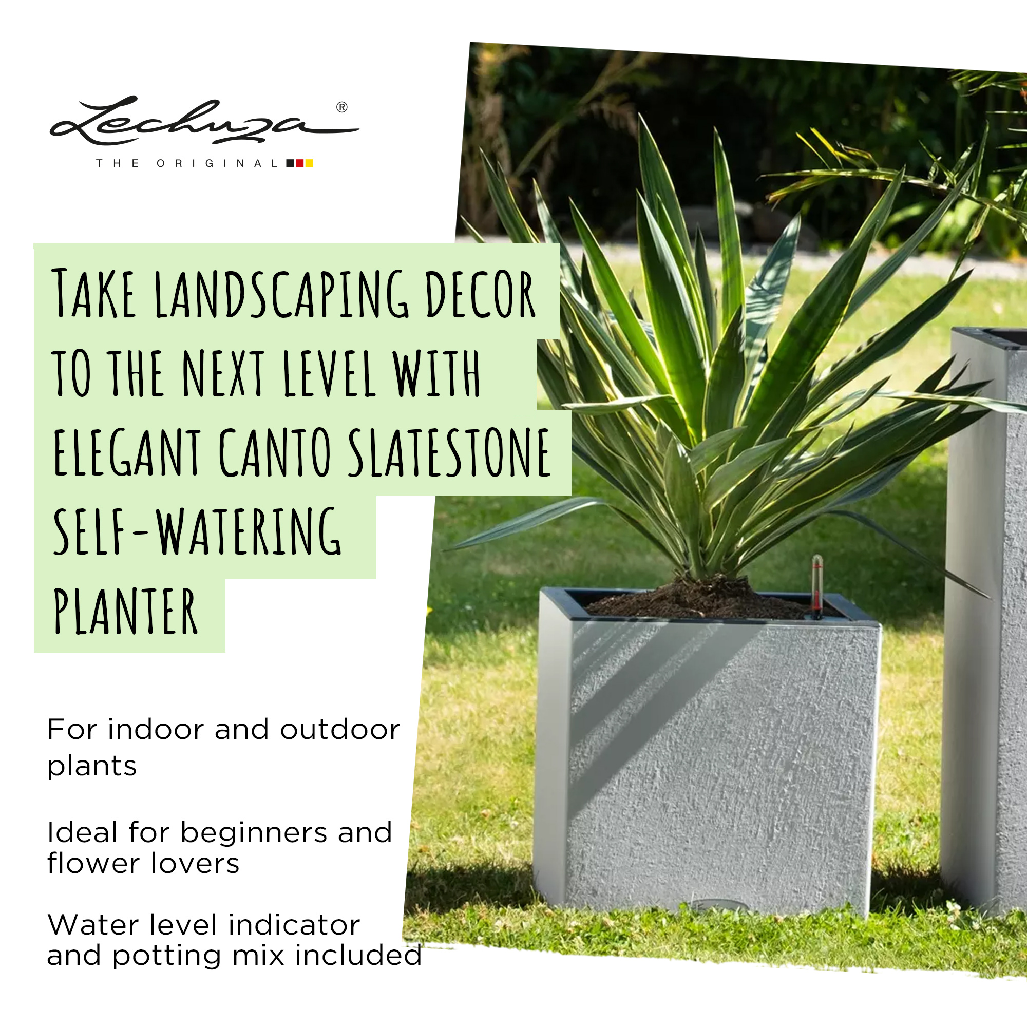 LECHUZA CANTO Slatestone Low Square Poly Resin Self-watering Planter