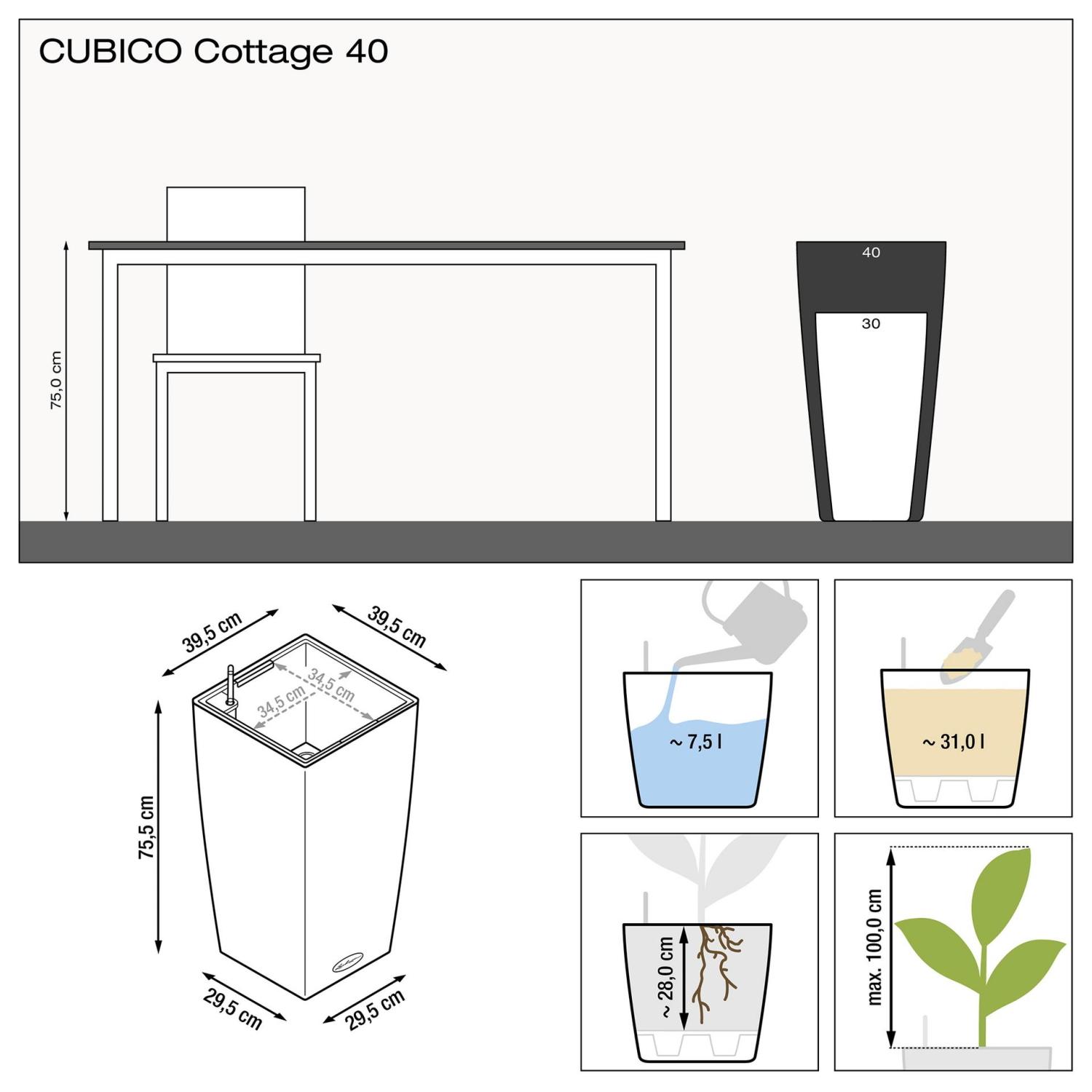 LECHUZA CUBICO Cottage Square Tall Poly Resin Self-watering Planter