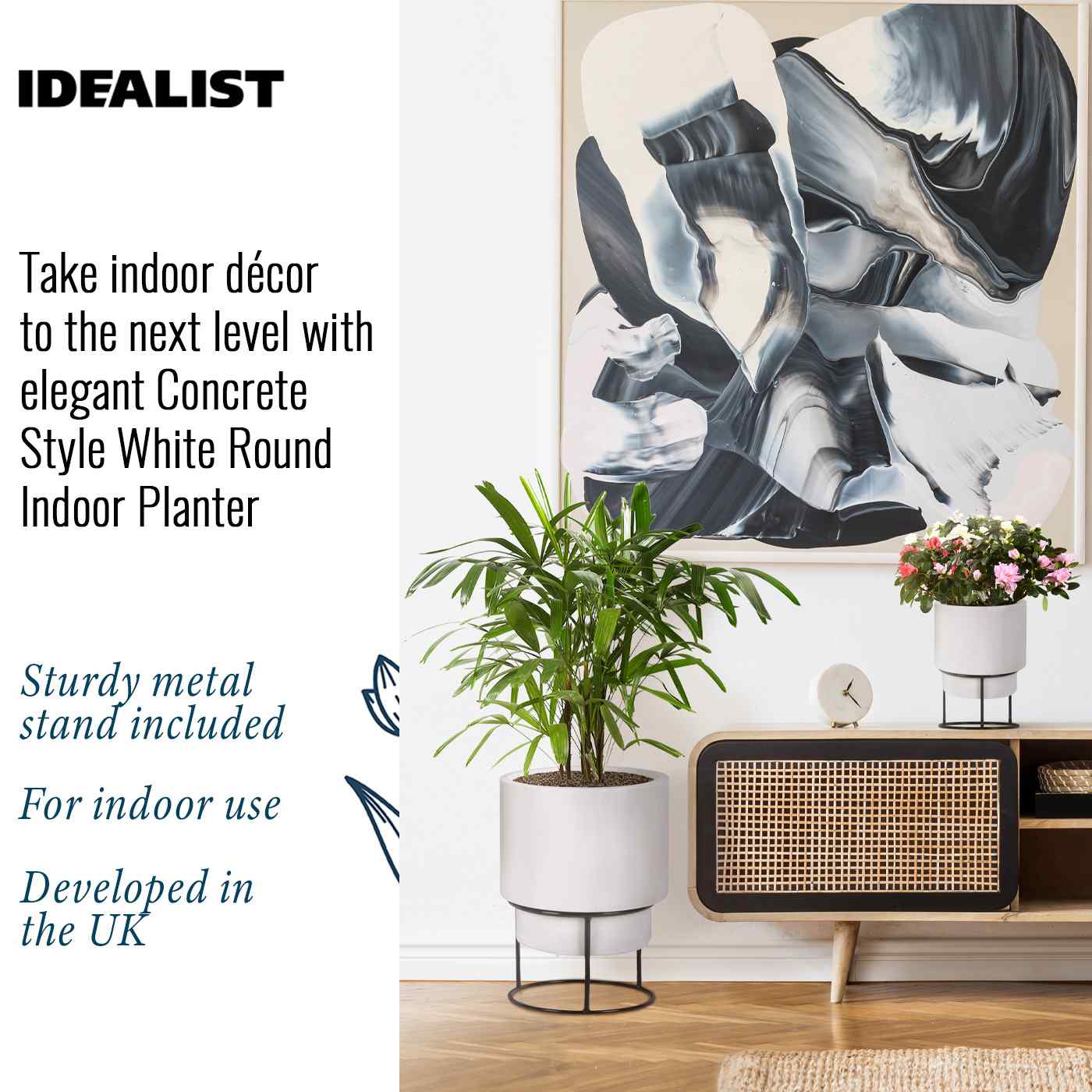 Set of two IDEALIST Lite Smooth Style Round Indoor Planters on Metal Stand
