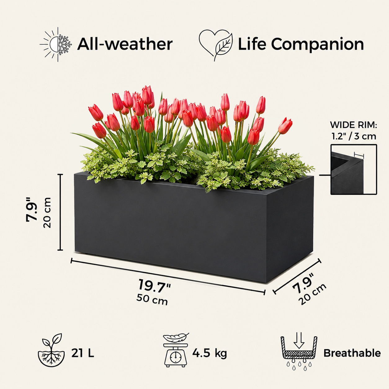 IDEALIST Lite Contemporary Light Concrete Trough Planter