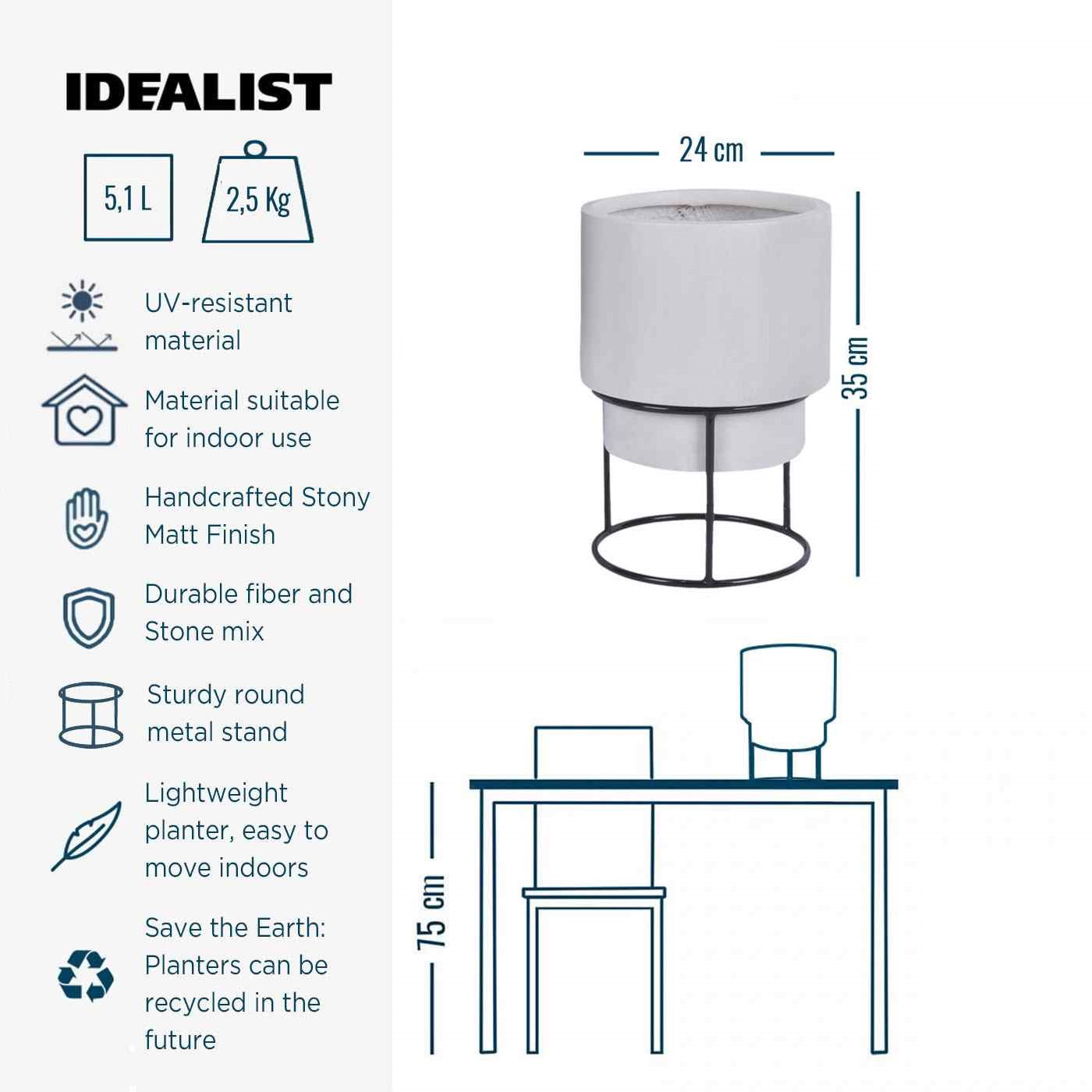 Set of two IDEALIST Lite Smooth Style Round Indoor Planters on Metal Stand