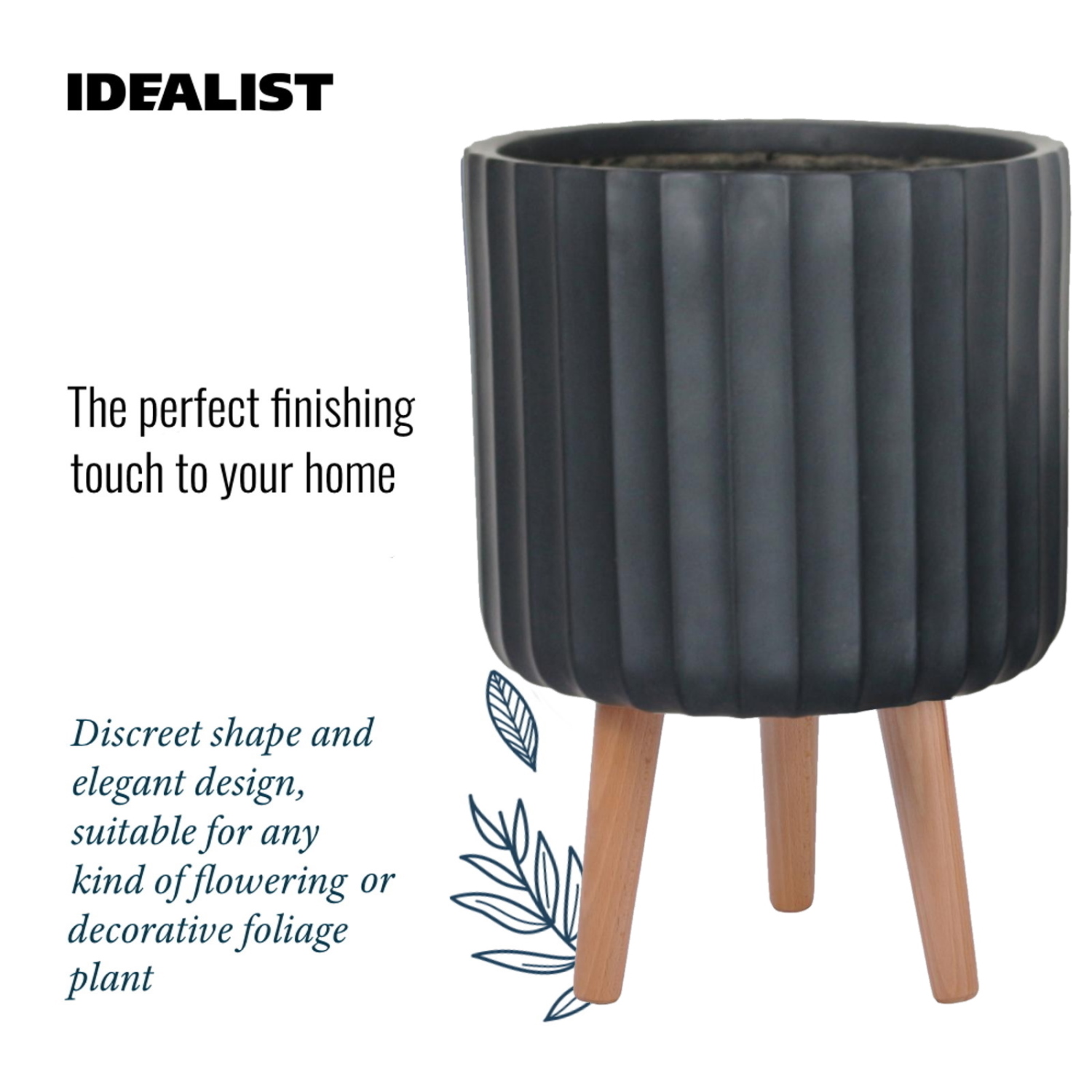 IDEALIST Lite Modern Ribbed Cylinder Planter on Legs, Round Pot Plant Stand Indoor