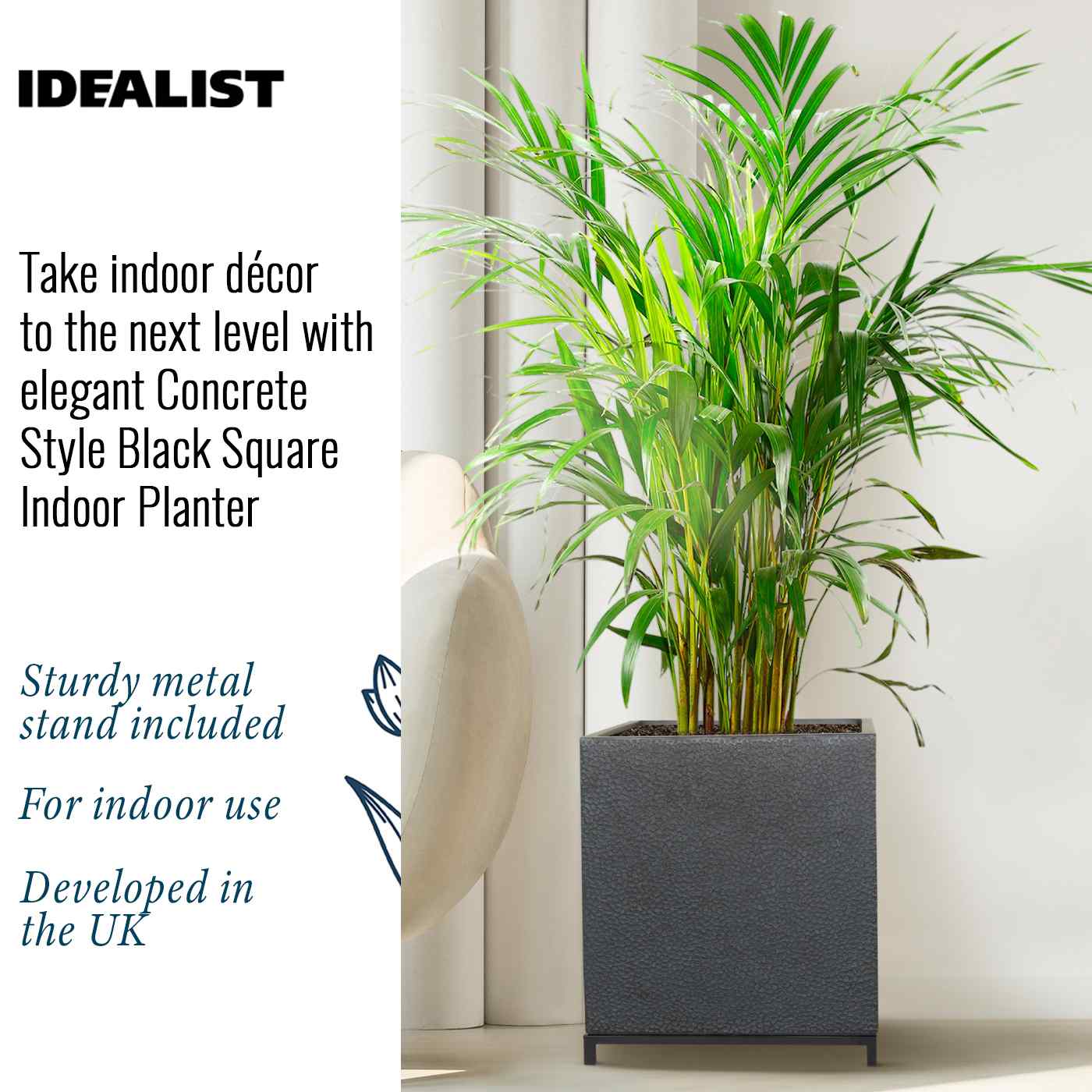 IDEALIST Lite Hammered Stone Style Square Indoor Planter on Metal Stand