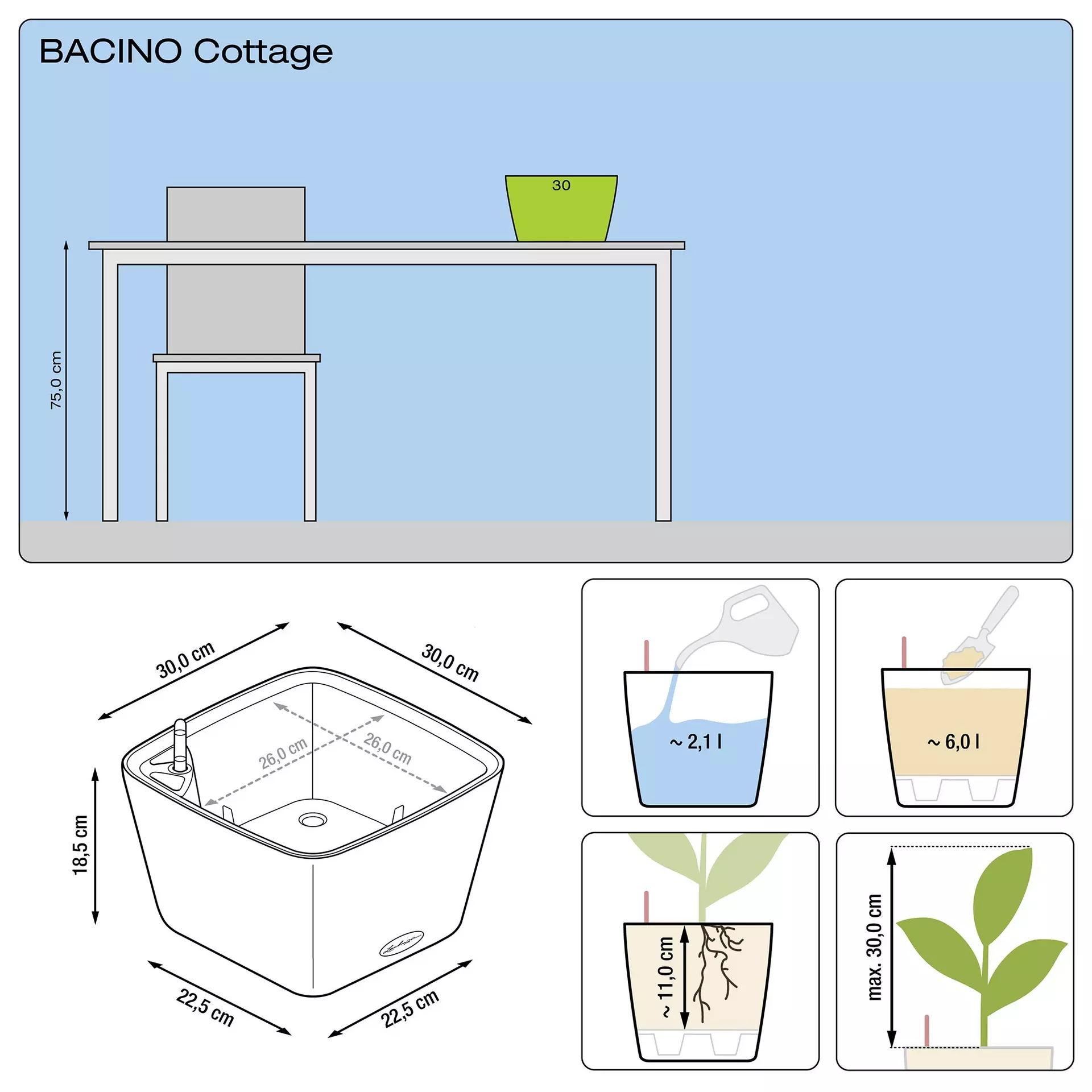 LECHUZA BACINO Cottage Square Poly Resin Self-watering Planter
