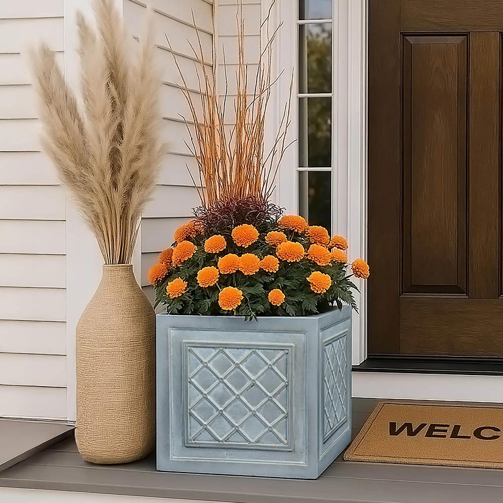 IDEALIST Lite Faux Lead Lattice Planter Light Concrete Square Box