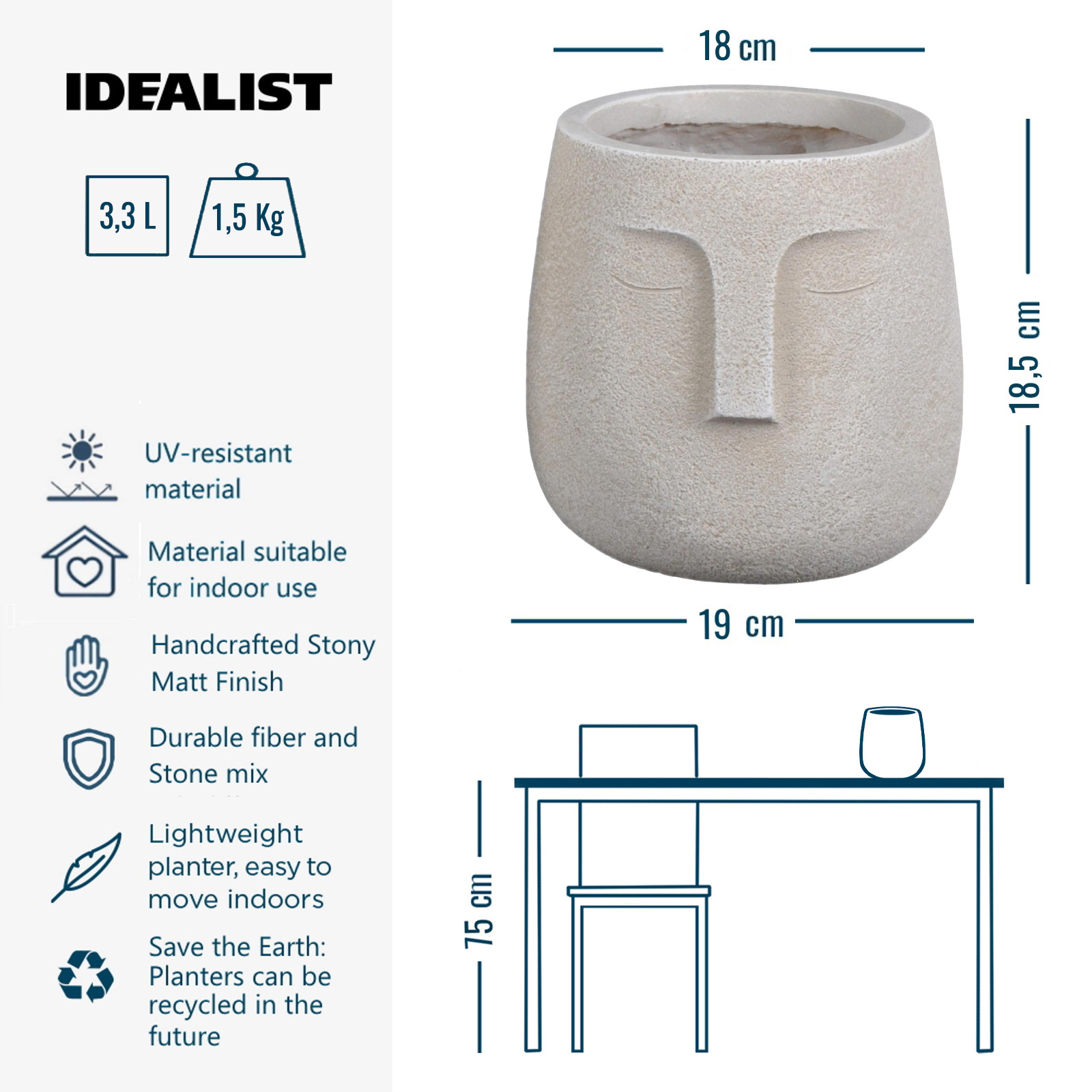 IDEALIST Lite Textured Concrete Effect Oval Indoor Face Pot