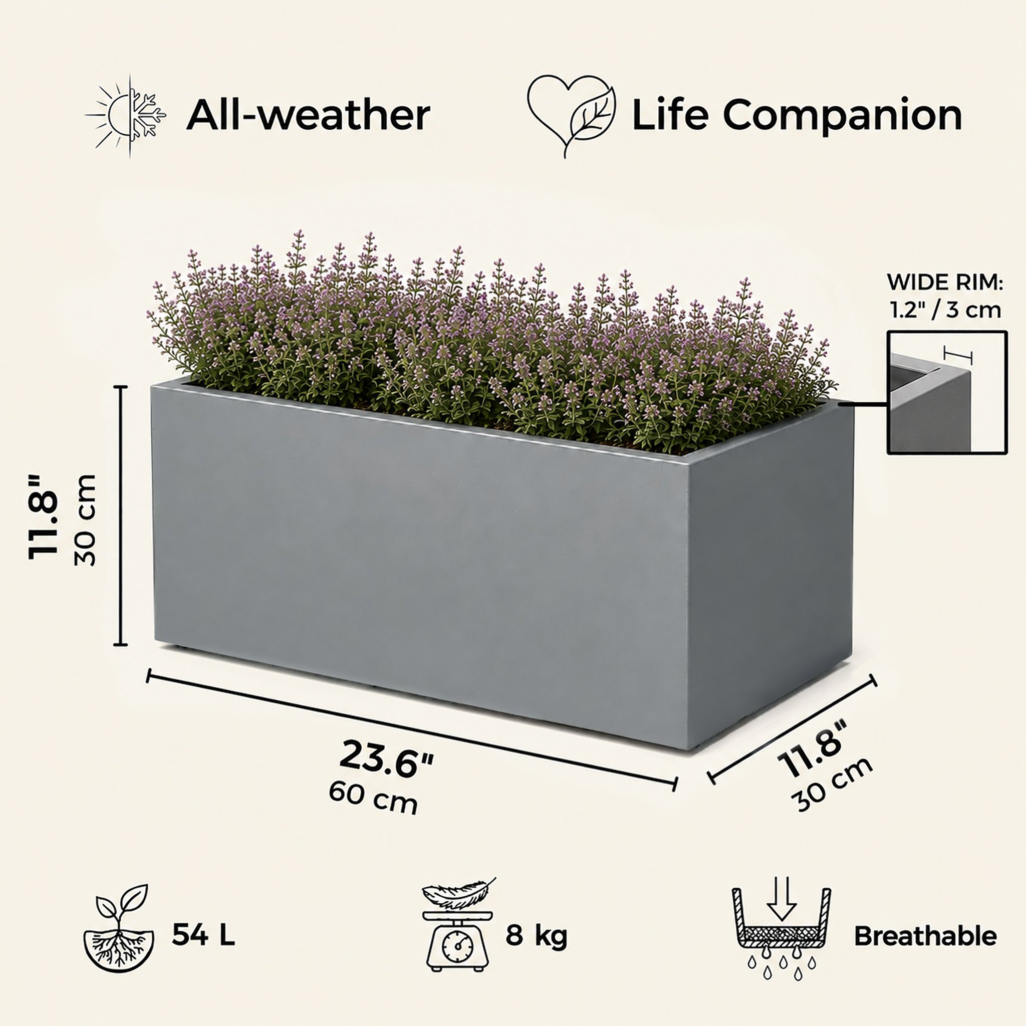 IDEALIST Lite Contemporary Light Concrete Trough Planter