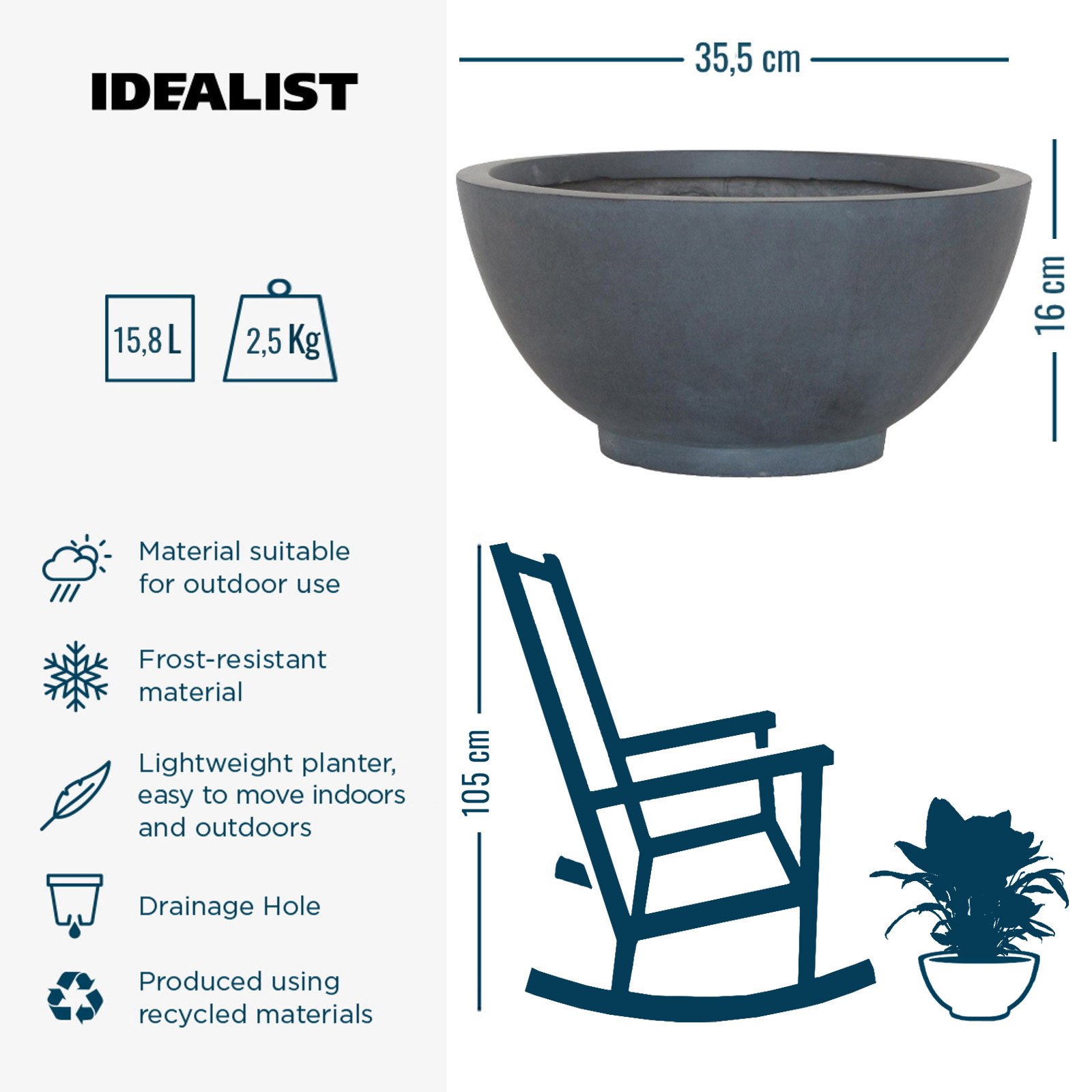 IDEALIST Lite Dish Style Smooth Bowl Outdoor Planter