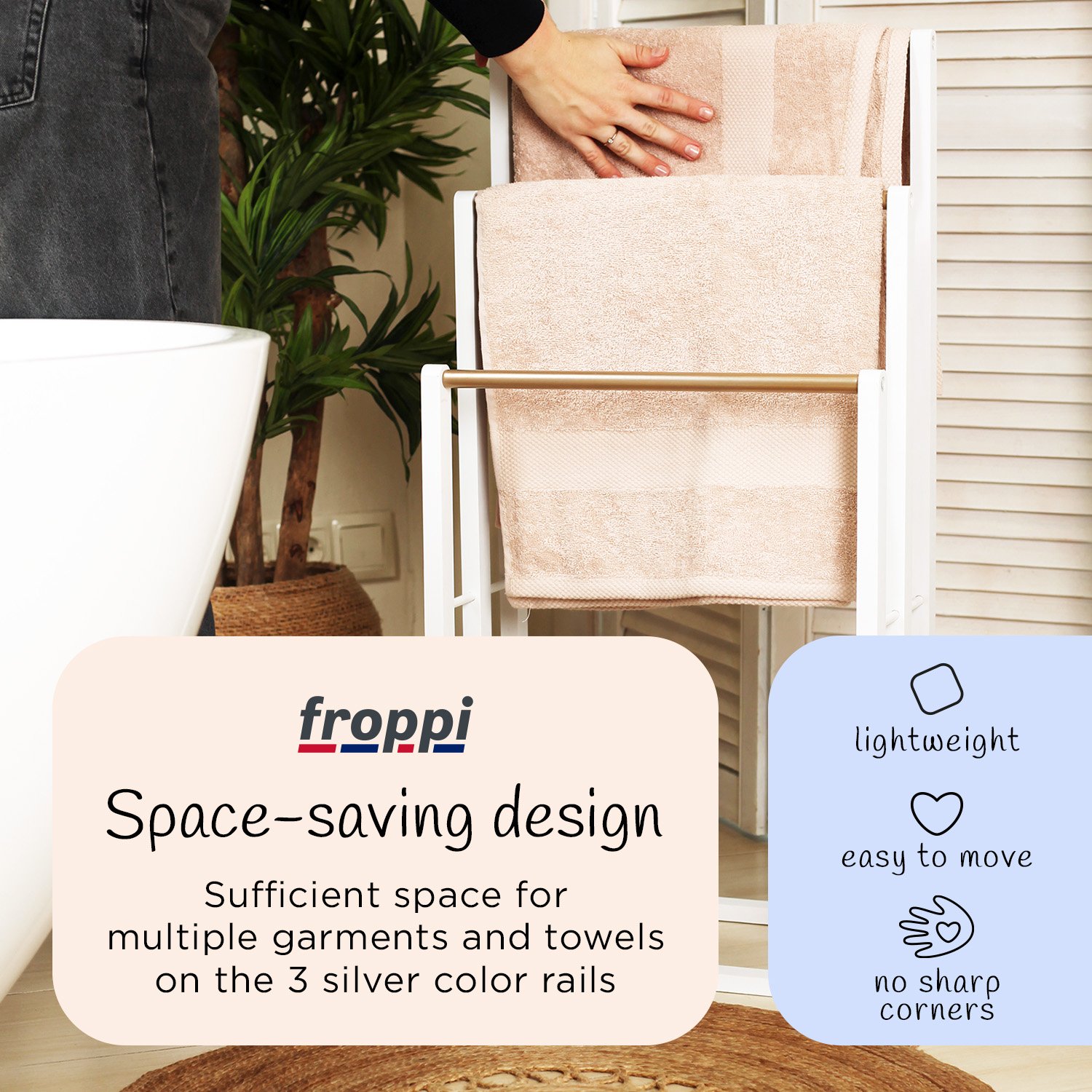 Froppi Bamboo Free Standing Towel Rack, Wooden Towel Holder and Ladder with 3 Bars