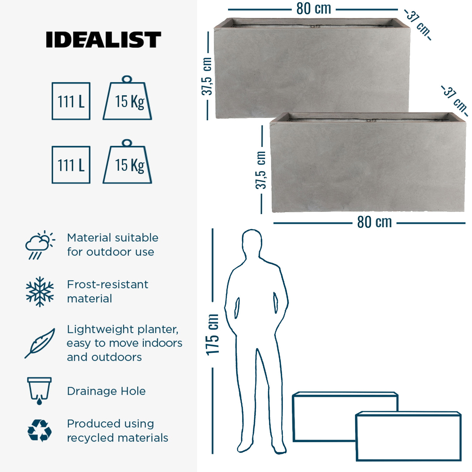 IDEALIST Lite Contemporary Light Concrete Trough Planter Set