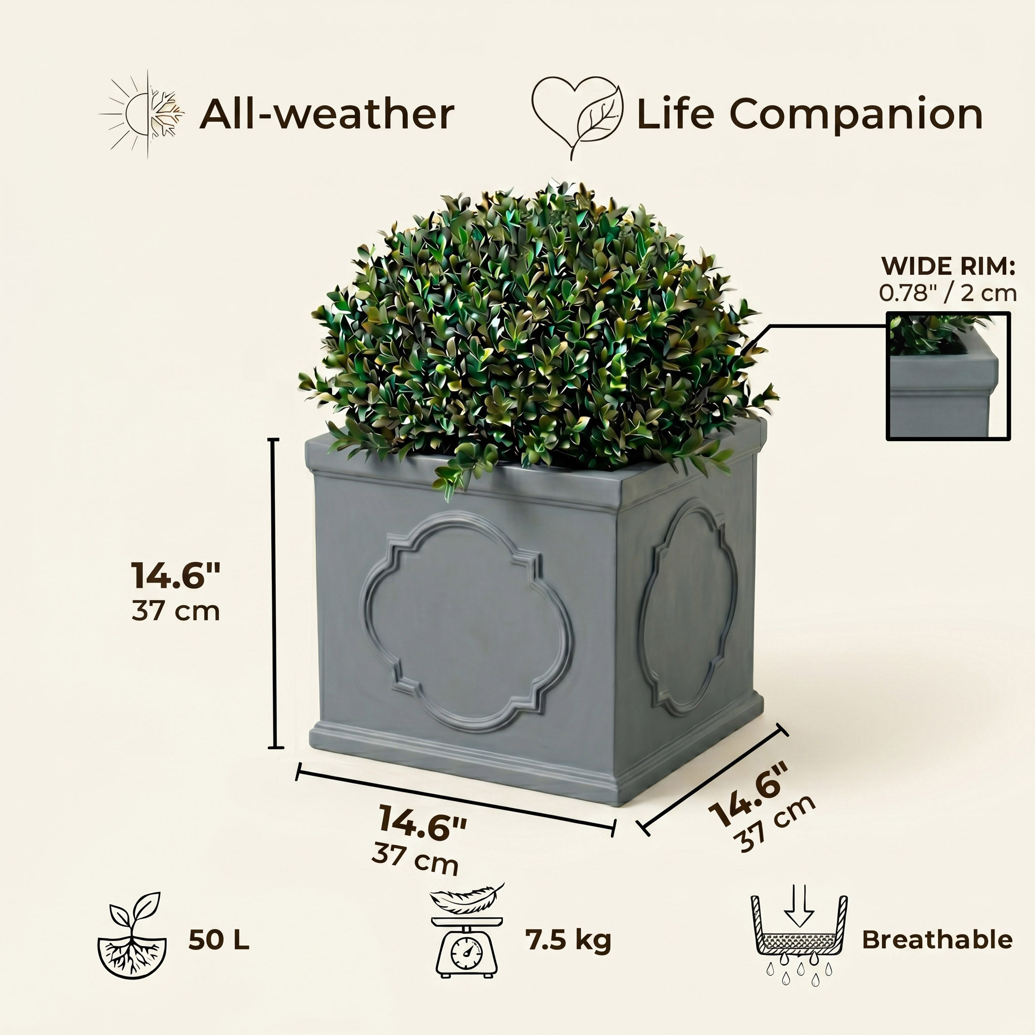 IDEALIST Windsor Light Stone Square Garden Planter