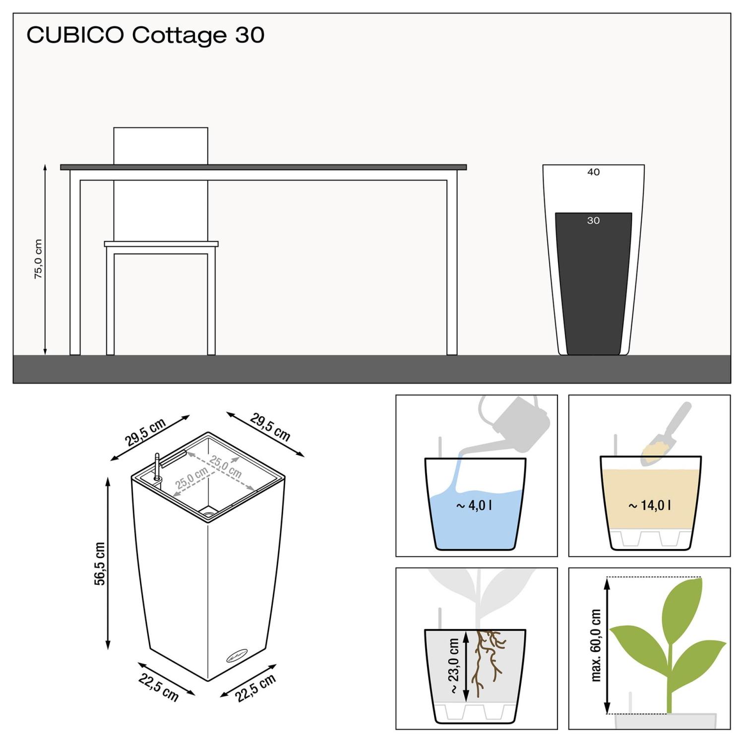 LECHUZA CUBICO Cottage Square Tall Poly Resin Self-watering Planter