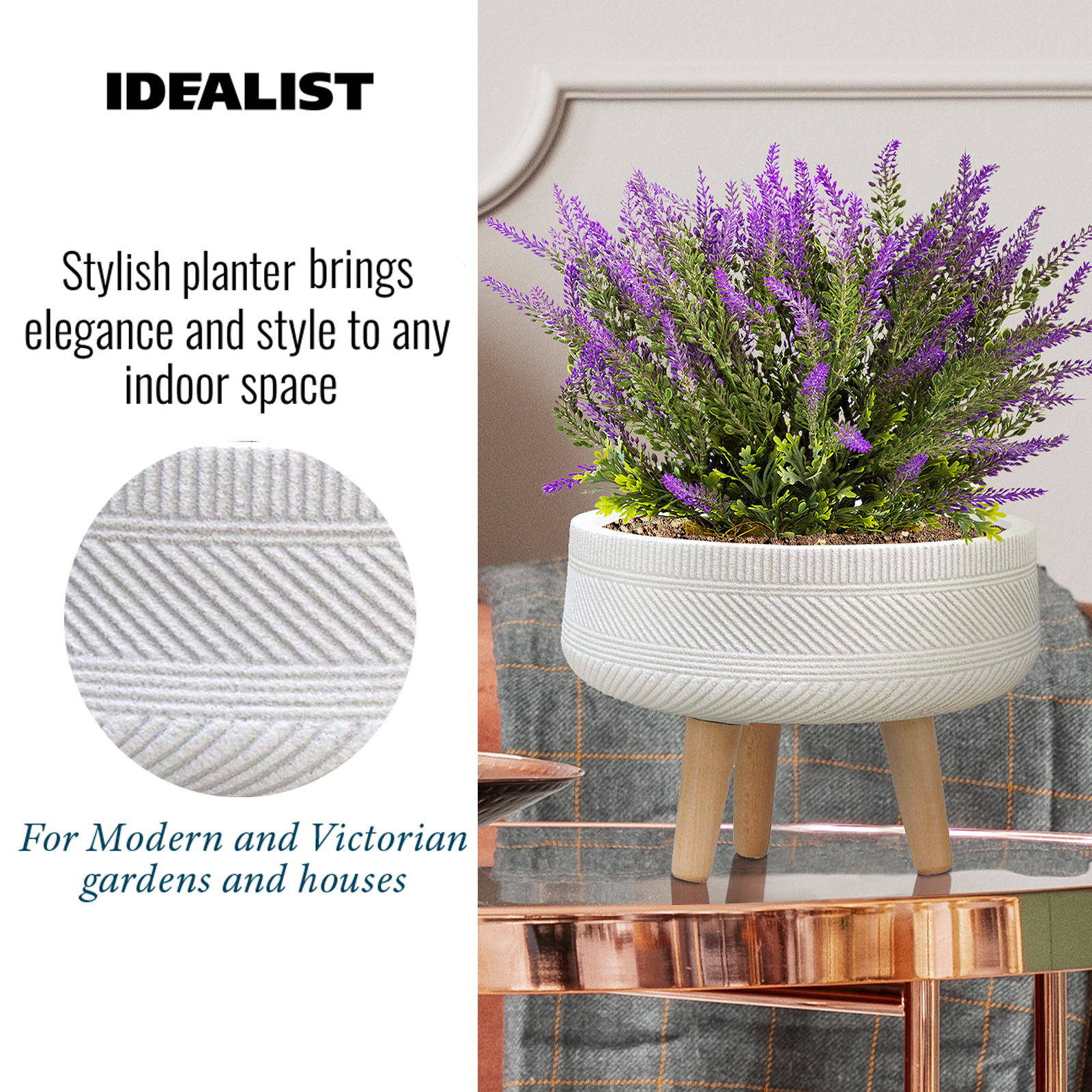 IDEALIST Lite Striped Tray Round Planter on Legs, Round Pot Plant Stand Indoor