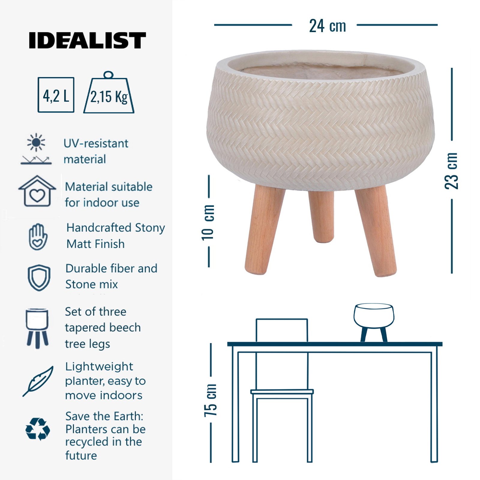IDEALIST Lite Plaited Style Bowl Planter on Legs, Round Pot Plant Stand Indoor