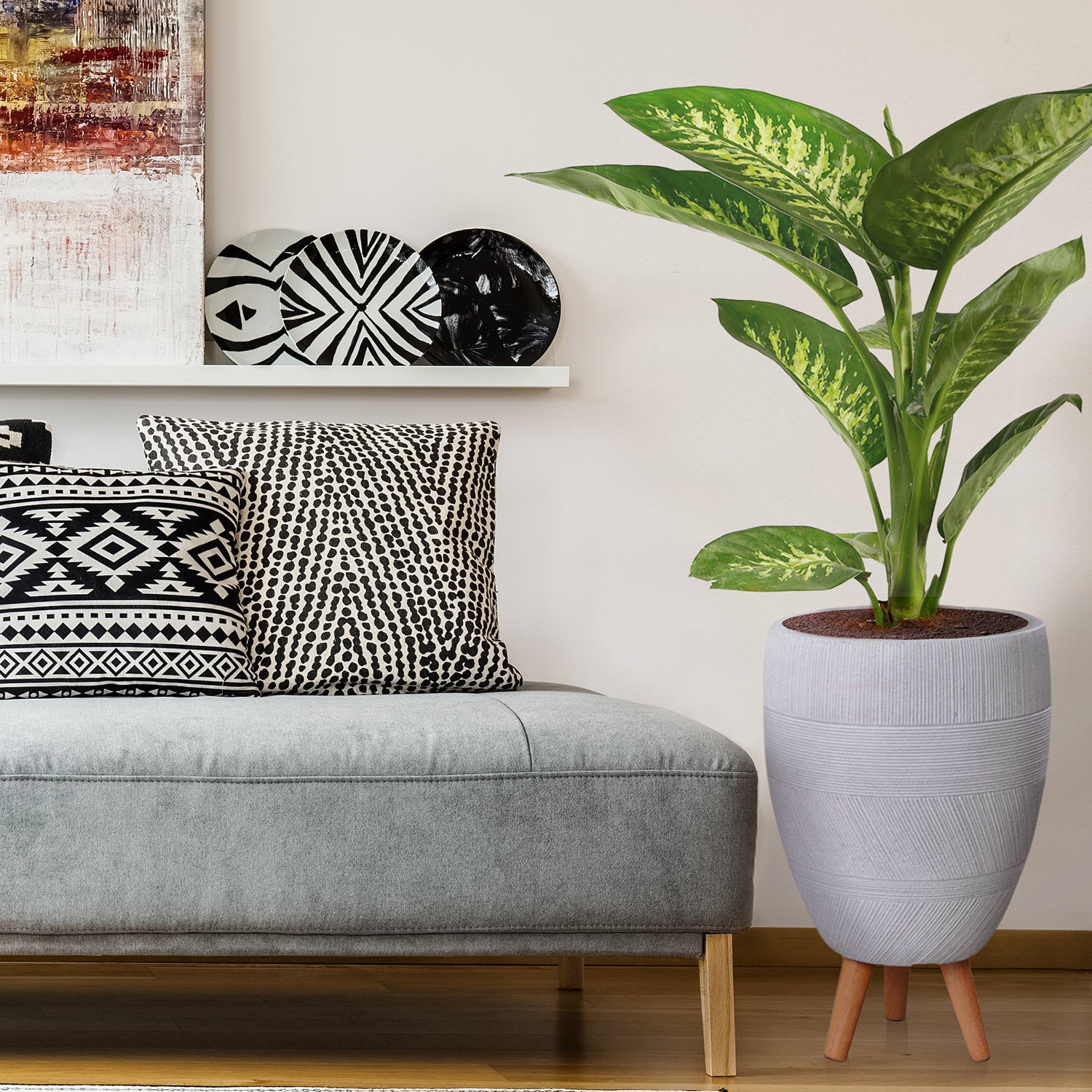 IDEALIST Lite Striped Egg Planter on Legs, Round Pot Plant Stand Indoor