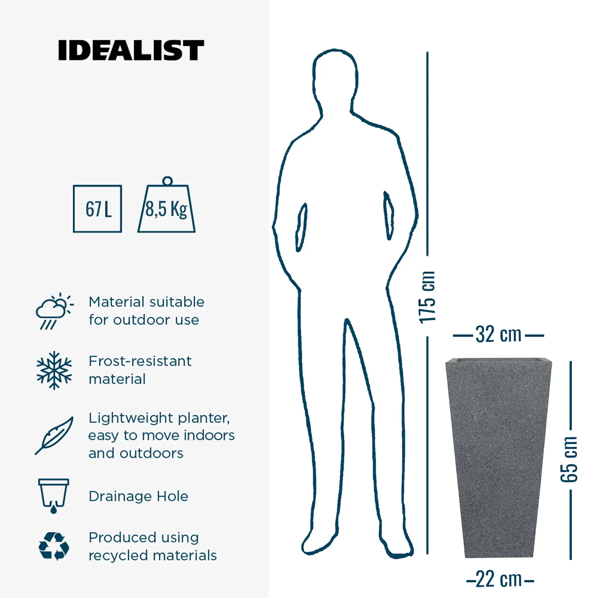 IDEALIST Lite Textured Concrete Effect Tall Tapered Outdoor Planter