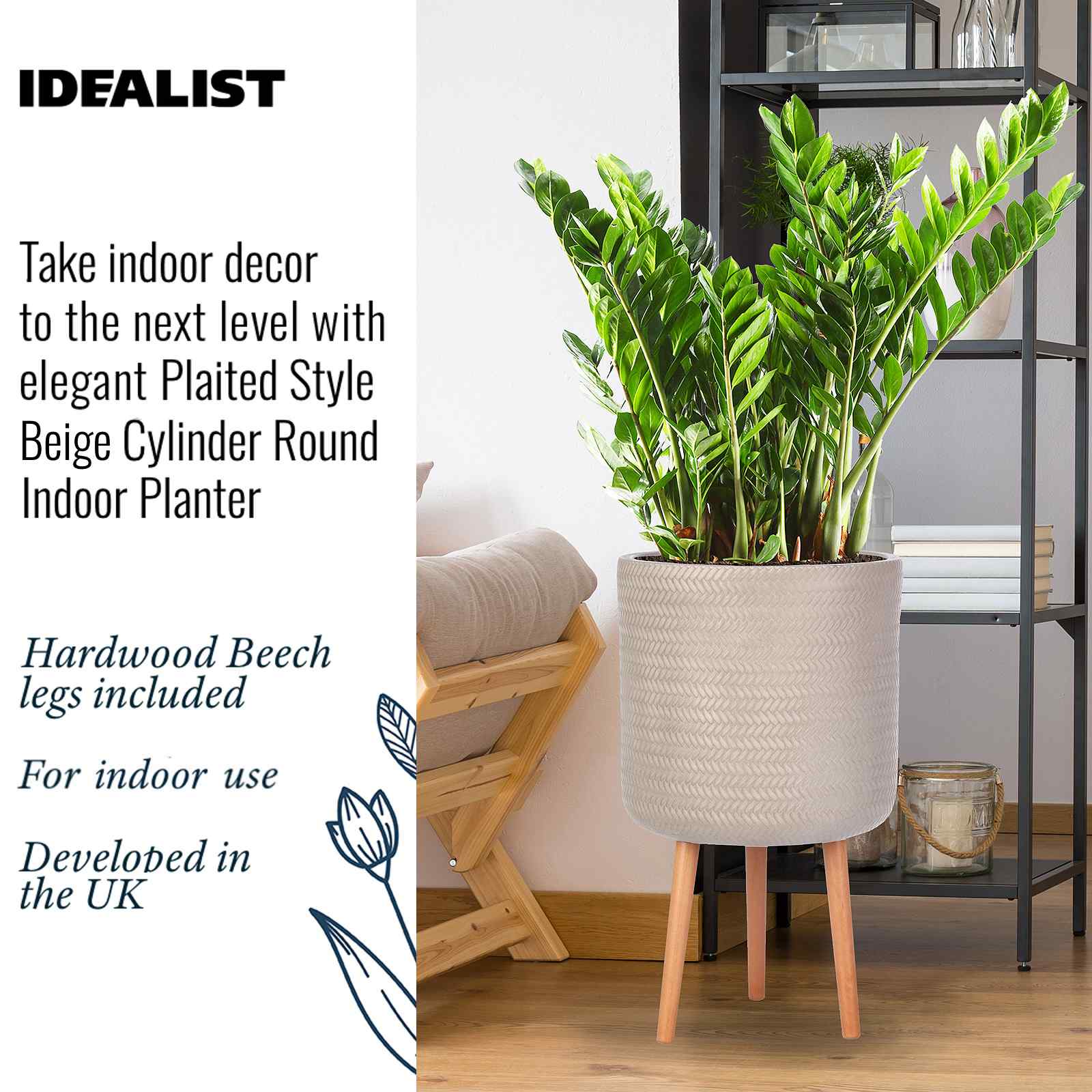 IDEALIST Lite Plaited Style Cylinder Planter on Legs, Round Pot Plant Stand Indoor