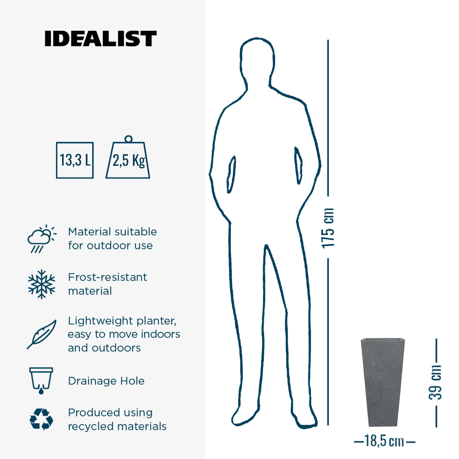 IDEALIST Lite Textured Concrete Effect Tall Tapered Outdoor Planter