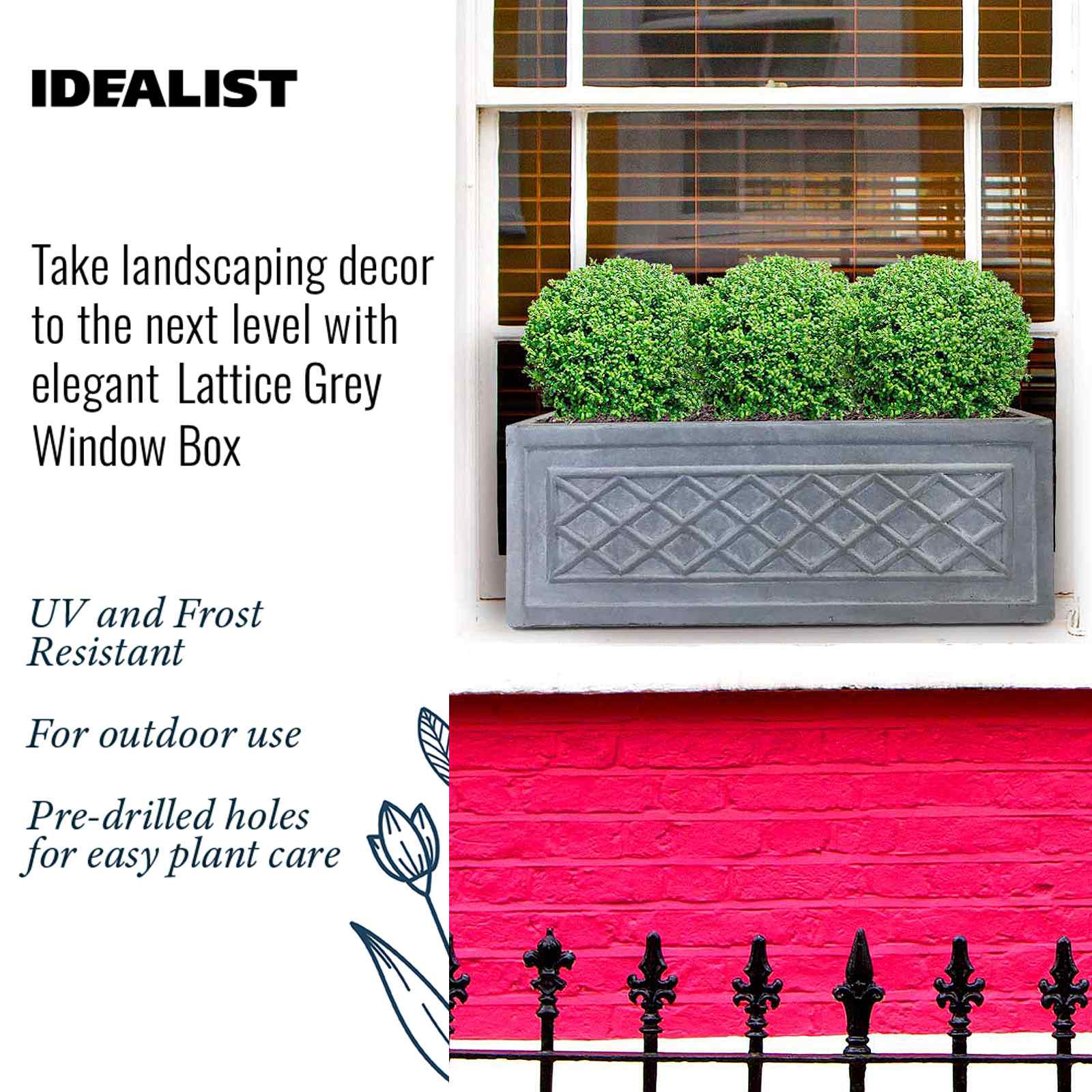 IDEALIST Lite Window Box Faux Lead Lattice Grey Light Stone Planter