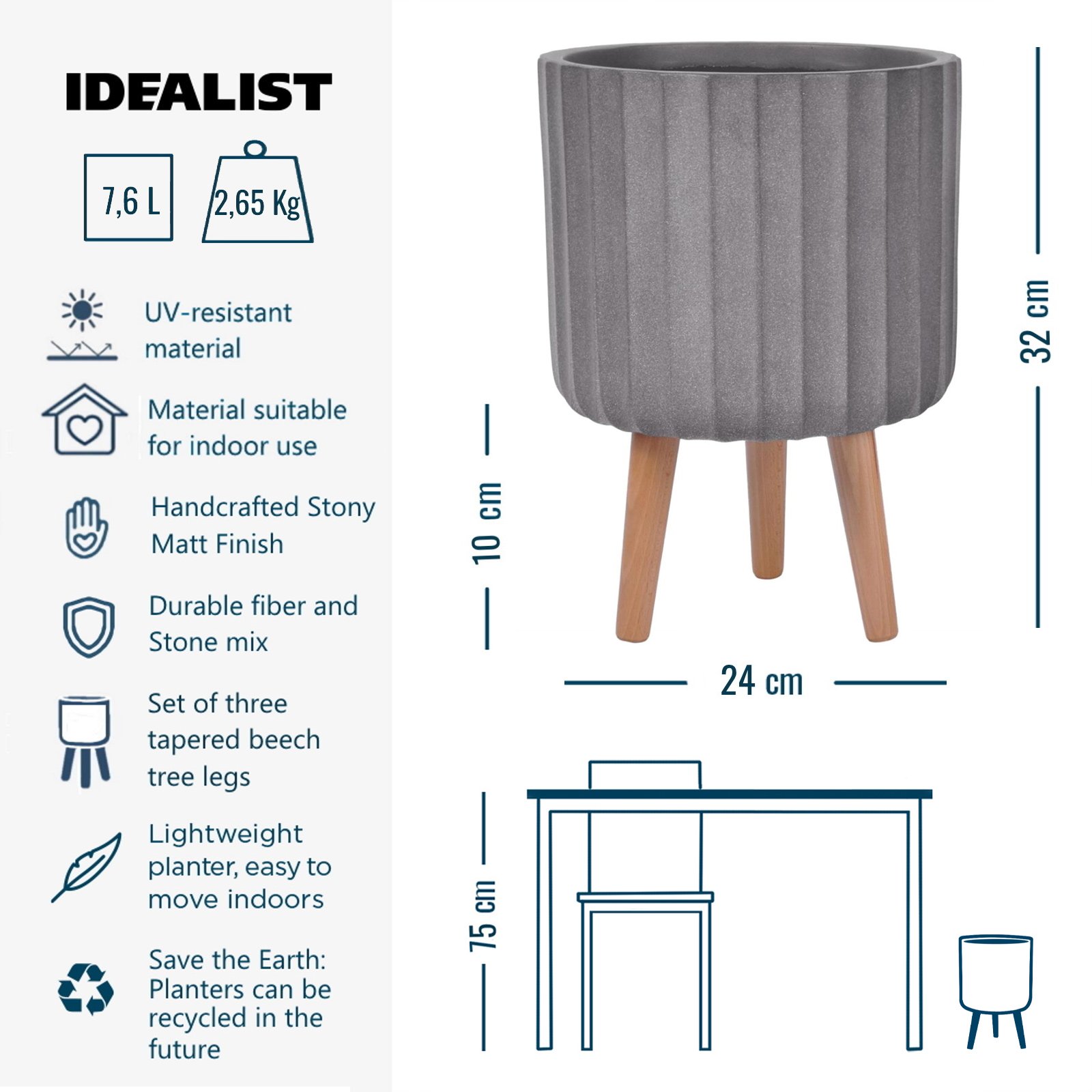IDEALIST Lite Modern Ribbed Cylinder Planter on Legs, Round Pot Plant Stand Indoor