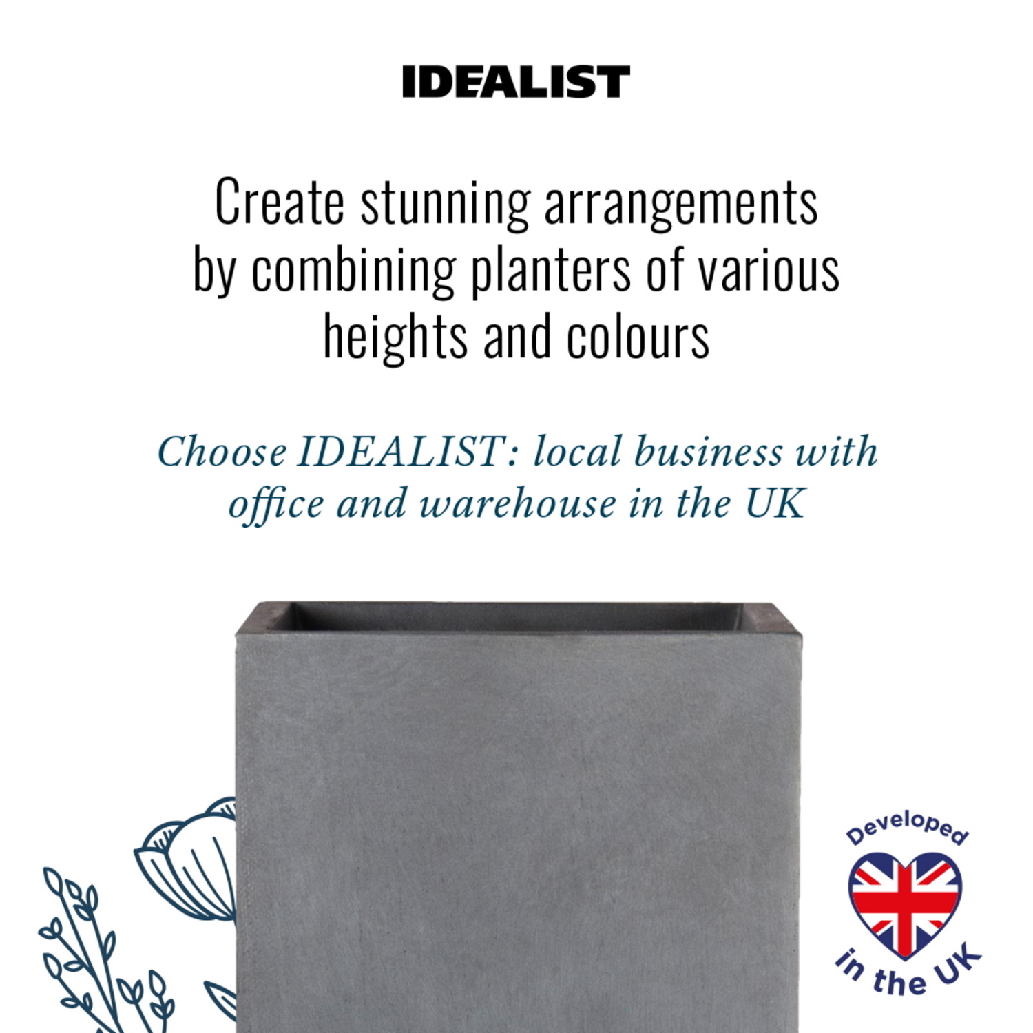 IDEALIST Lite Tall Square Contemporary Light Concrete Planter Set