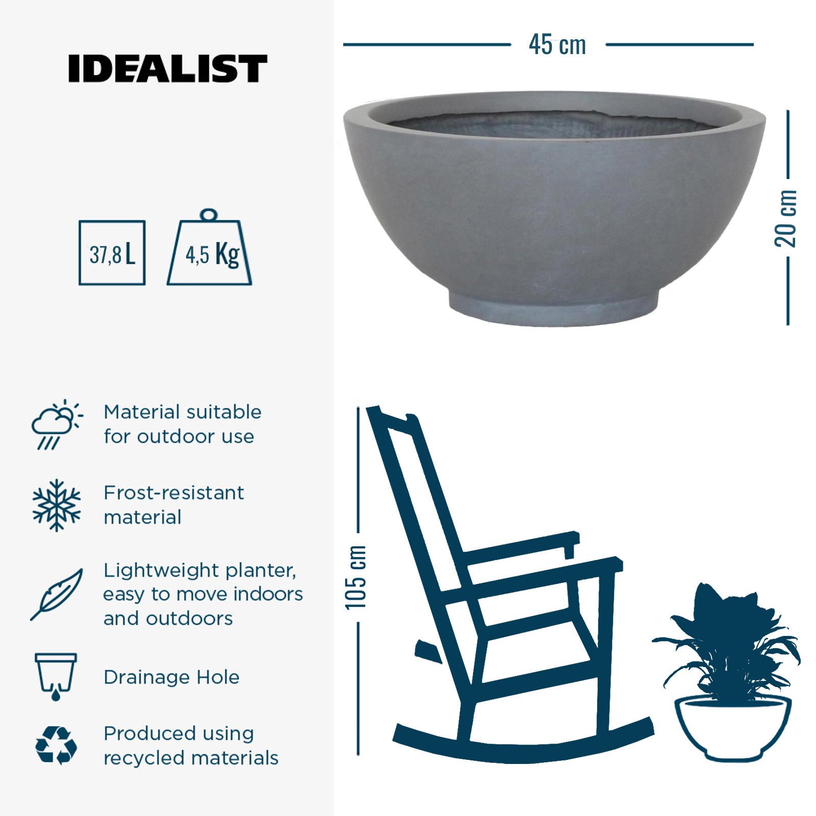 IDEALIST Lite Dish Style Smooth Bowl Outdoor Planter