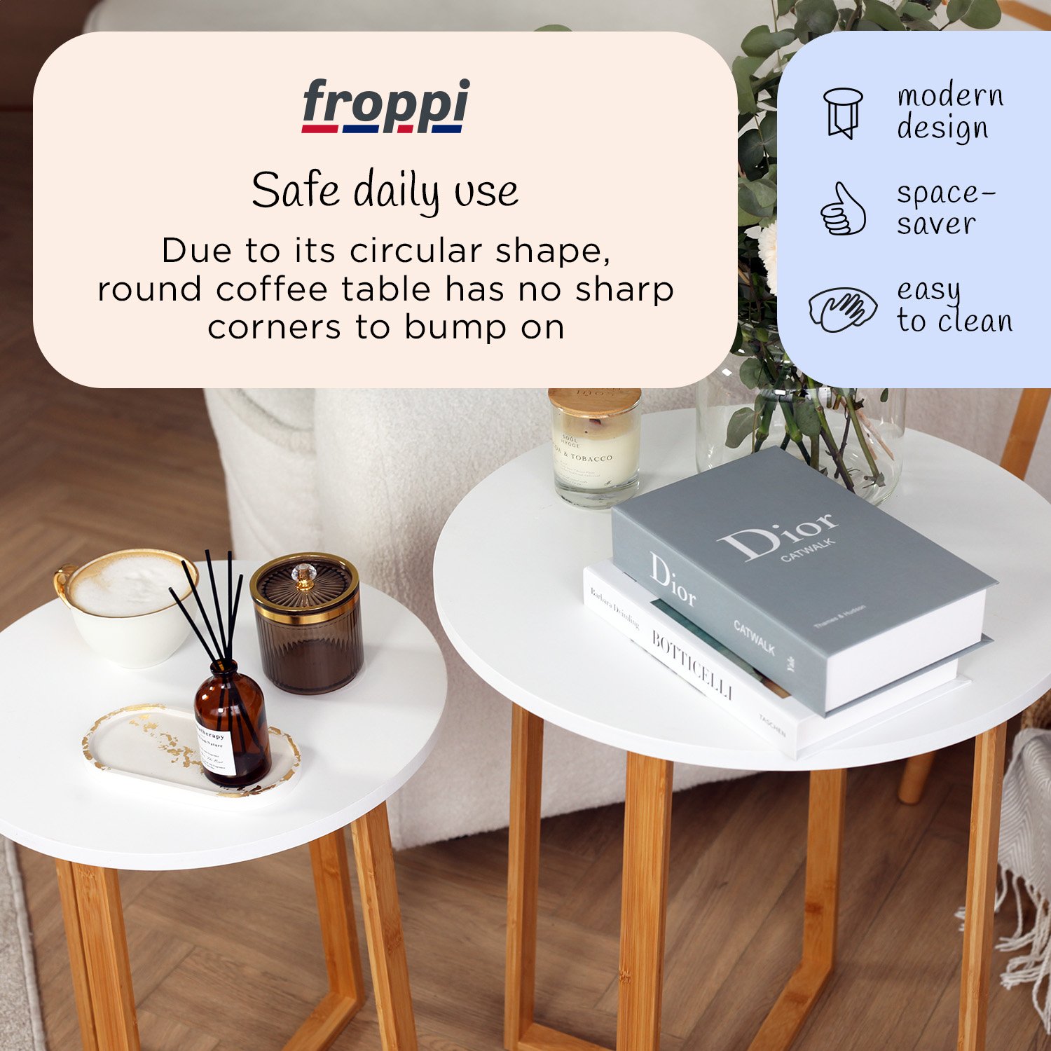 Froppi Small Round Coffee Table for Living Room White Wood Cocktail Table on Natural Bamboo Frame